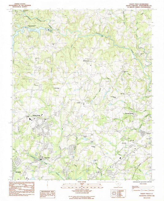 Classic USGS Valley Falls South Carolina 7.5'x7.5' Topo Map Image