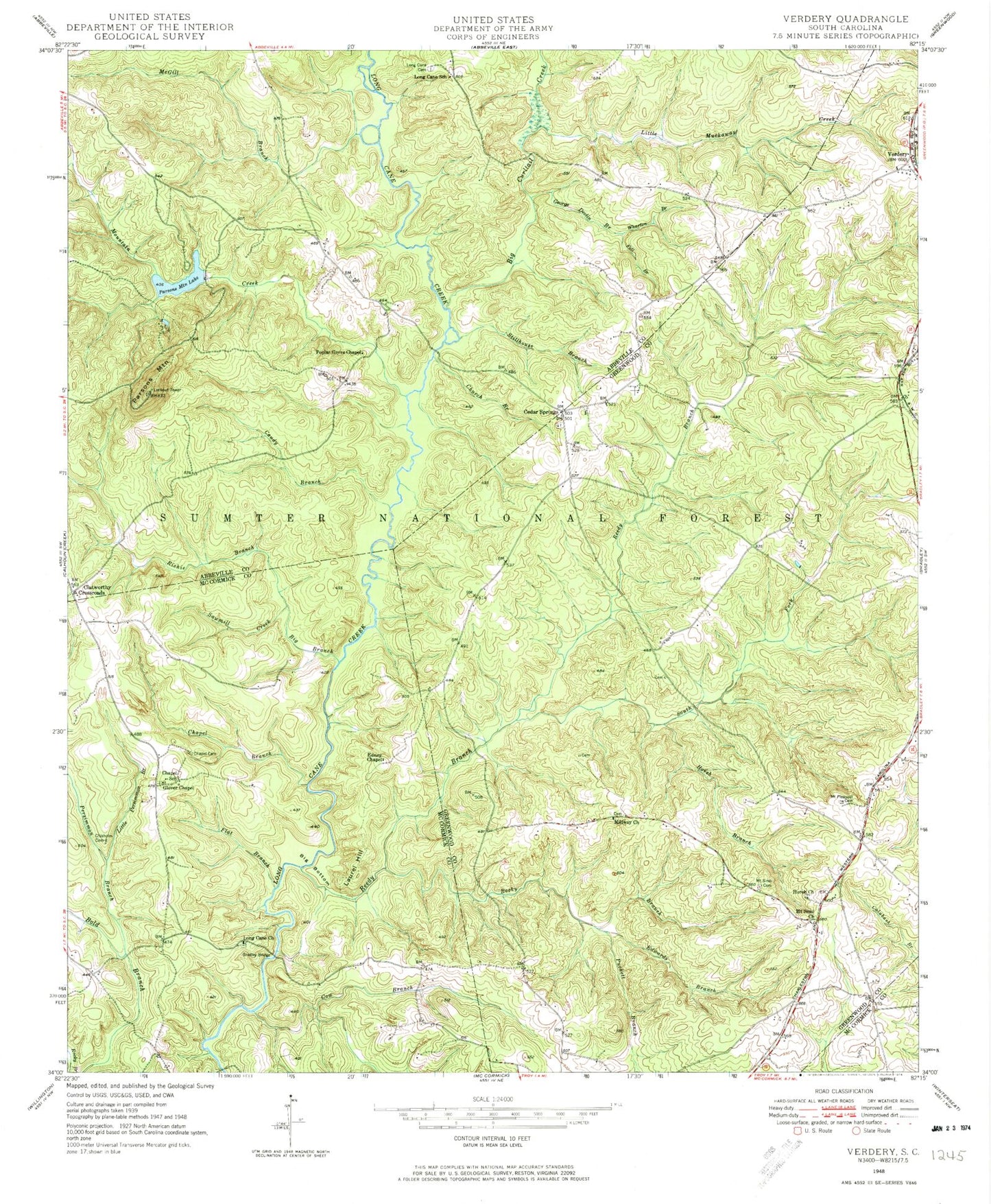 Classic USGS Verdery South Carolina 7.5'x7.5' Topo Map Image