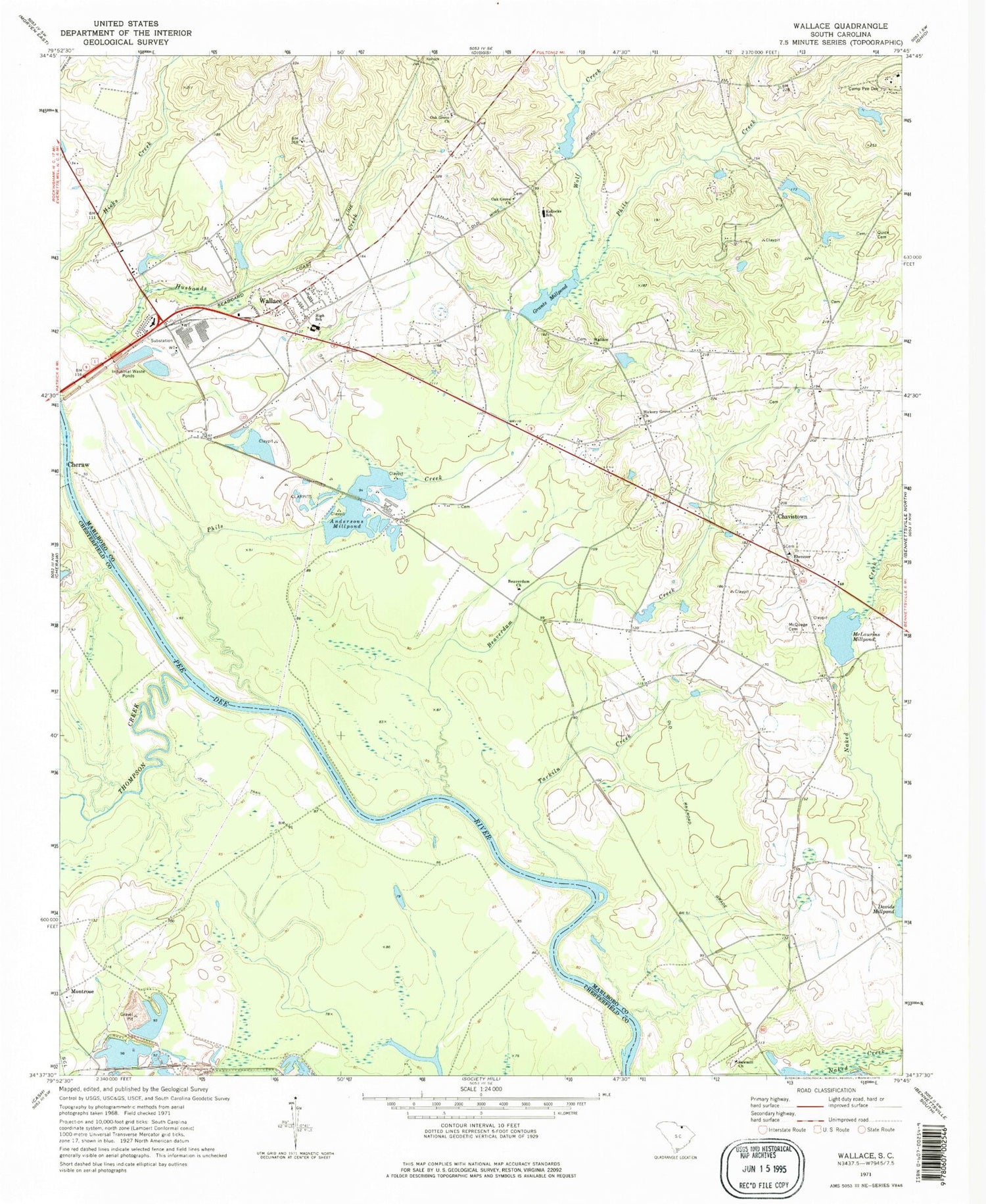 Classic USGS Wallace South Carolina 7.5'x7.5' Topo Map Image