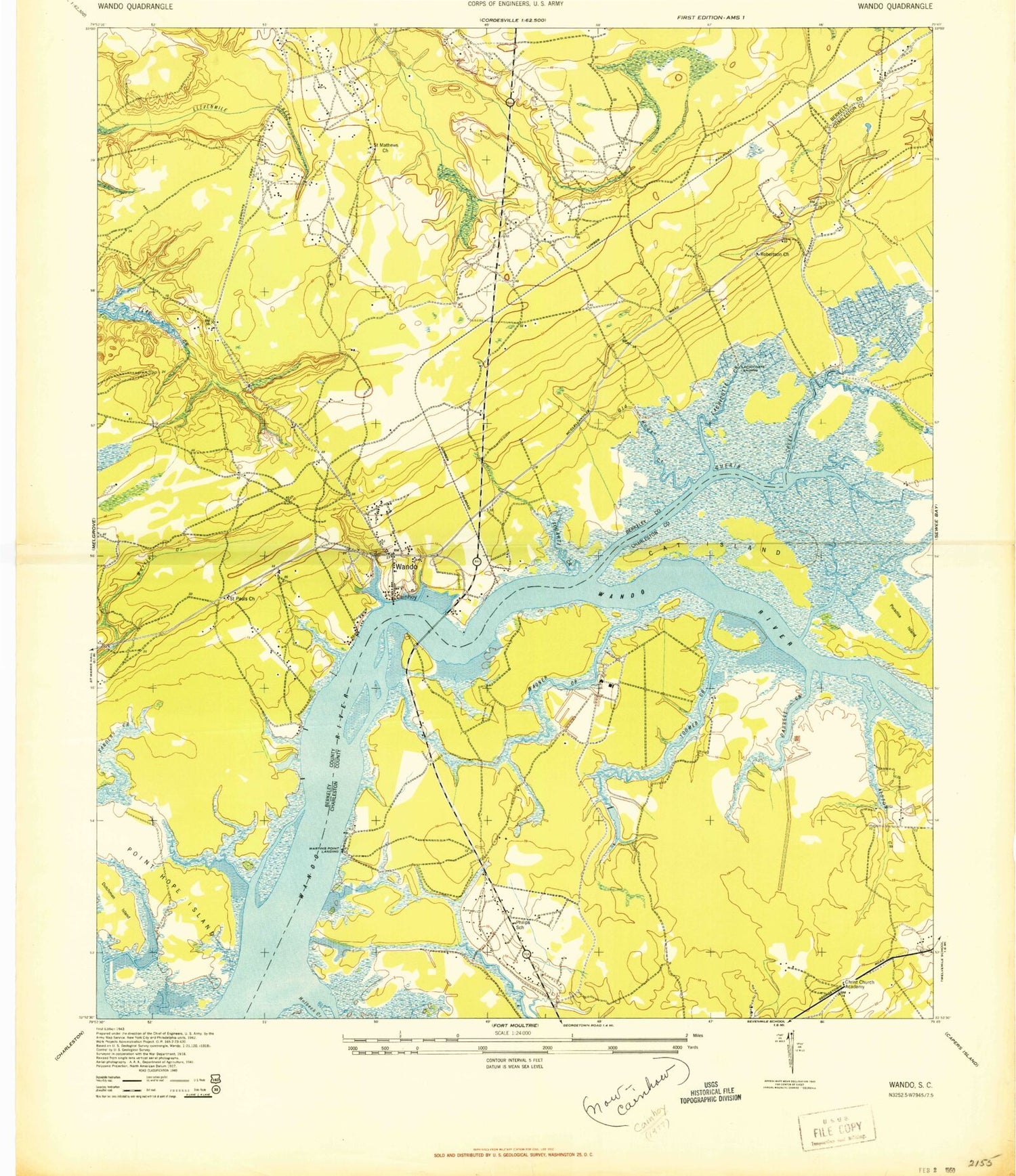 Classic USGS Cainhoy South Carolina 7.5'x7.5' Topo Map Image