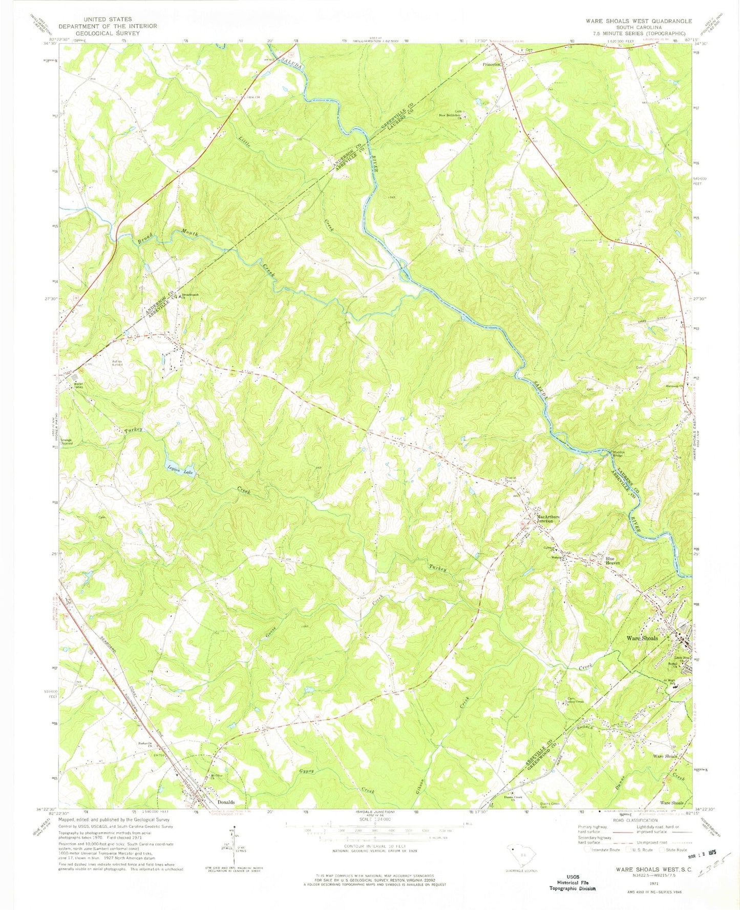 Classic USGS Ware Shoals West South Carolina 7.5'x7.5' Topo Map Image