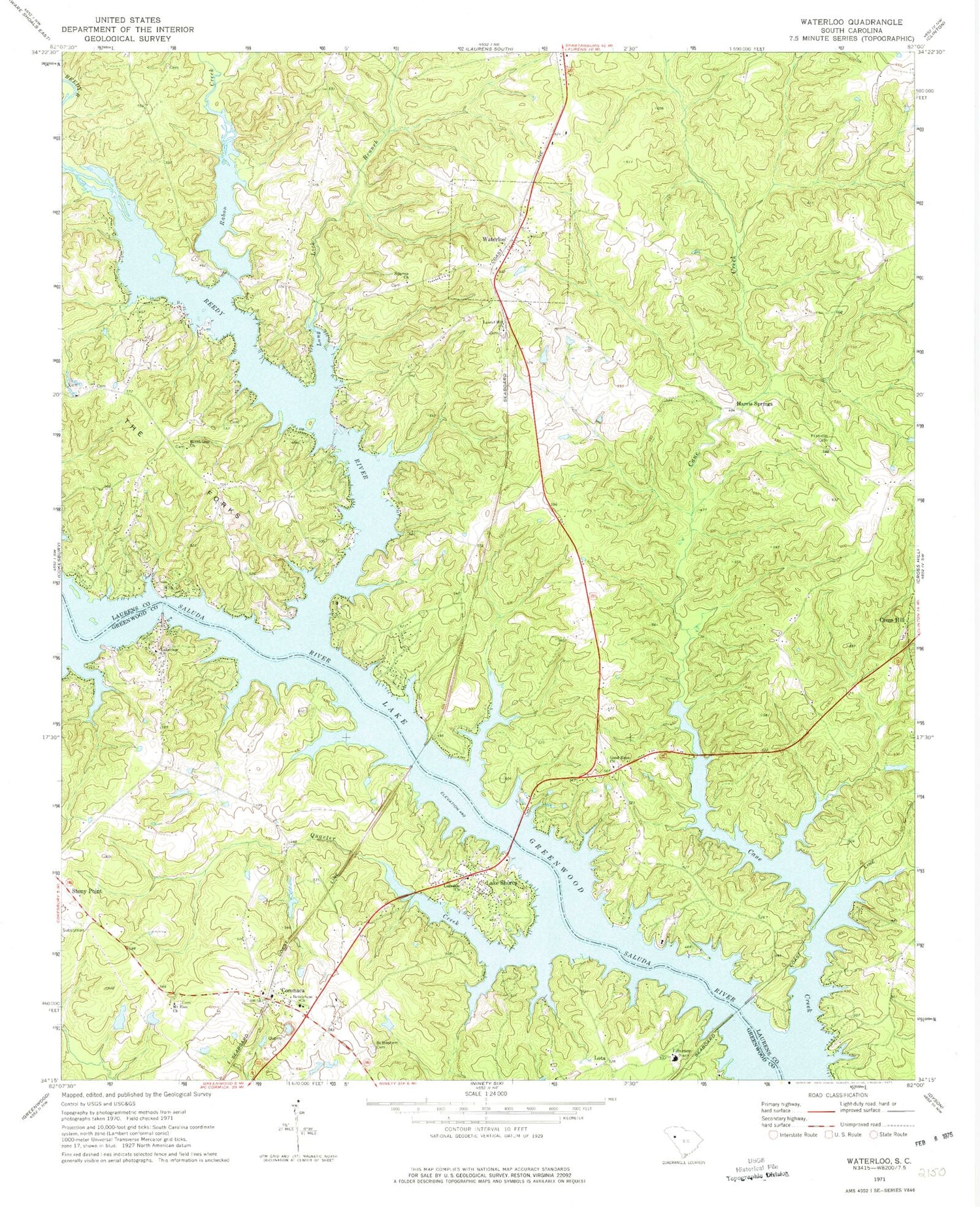Classic USGS Waterloo South Carolina 7.5'x7.5' Topo Map Image