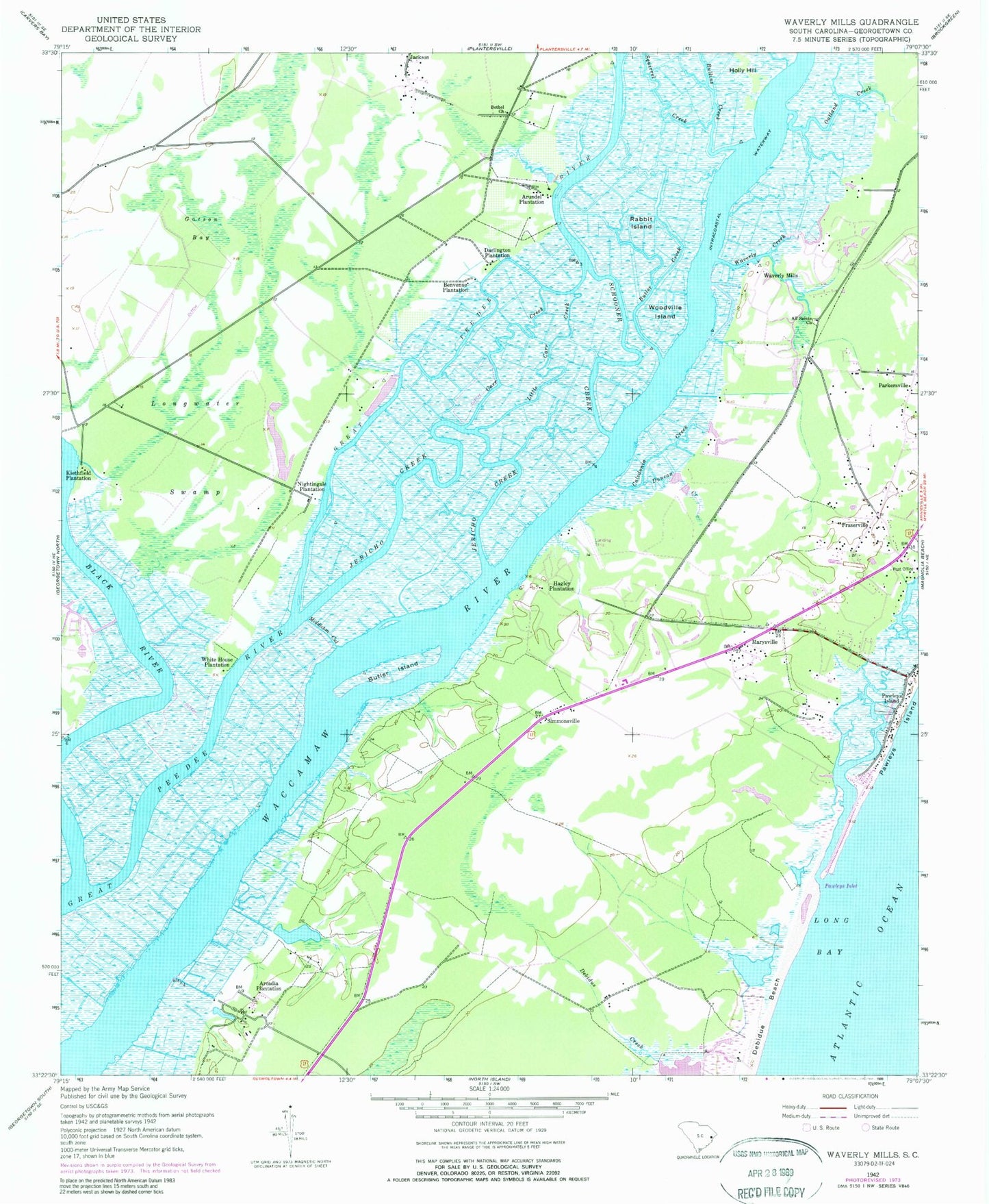 Classic USGS Waverly Mills South Carolina 7.5'x7.5' Topo Map Image