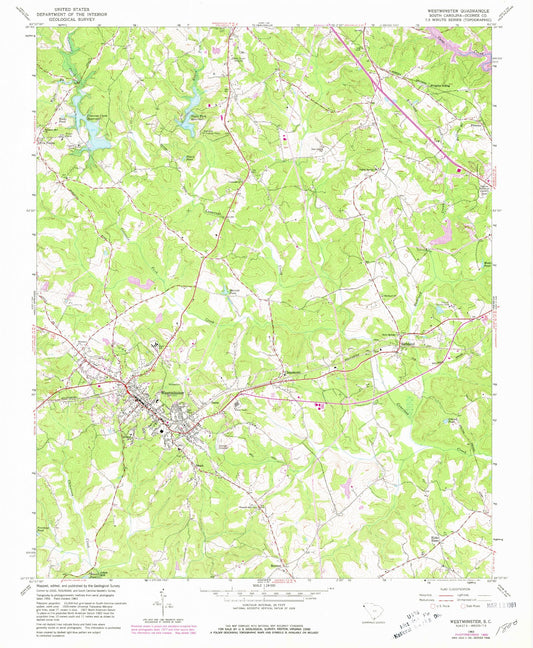 Classic USGS Westminster South Carolina 7.5'x7.5' Topo Map Image