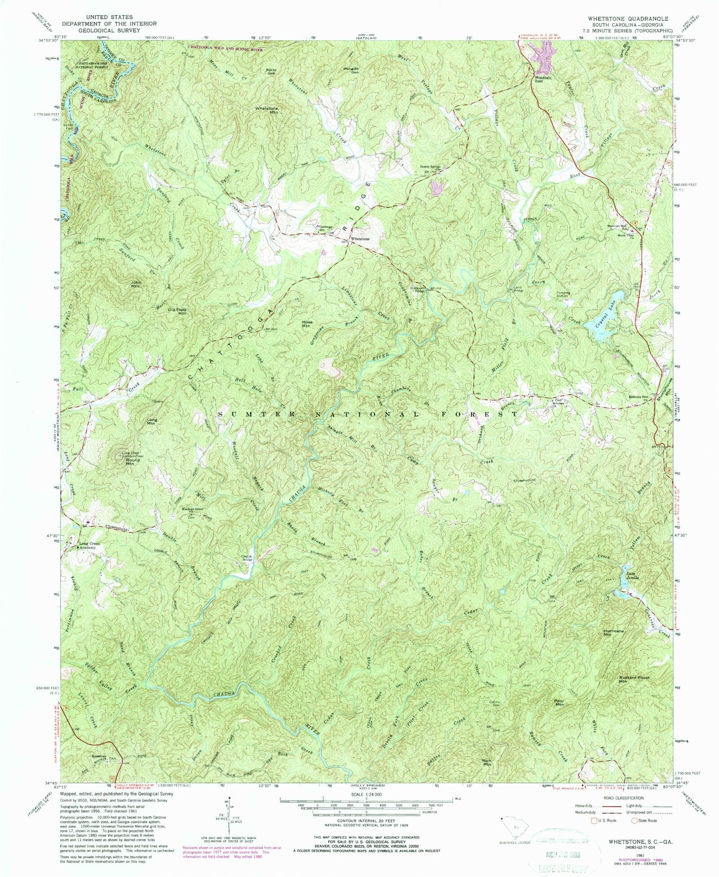 Classic USGS Whetstone South Carolina 7.5'x7.5' Topo Map Image