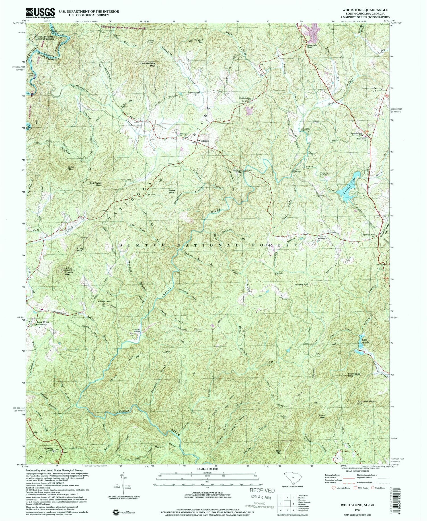 Classic USGS Whetstone South Carolina 7.5'x7.5' Topo Map Image