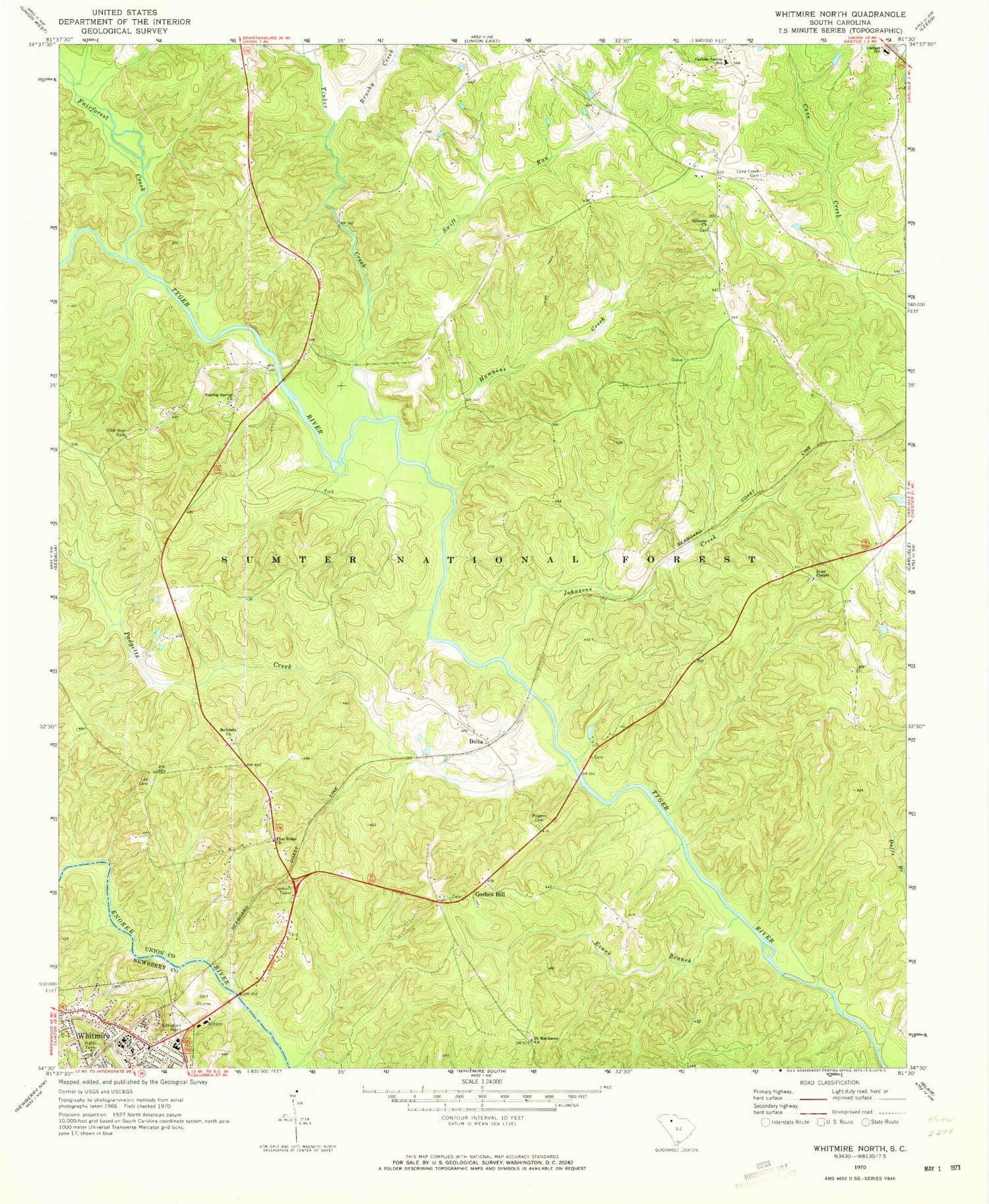 Classic USGS Whitmire North South Carolina 7.5'x7.5' Topo Map Image