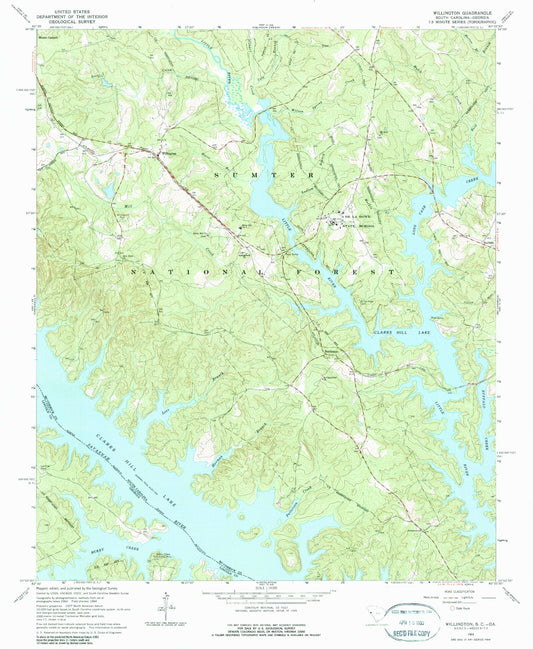 Classic USGS Willington South Carolina 7.5'x7.5' Topo Map Image