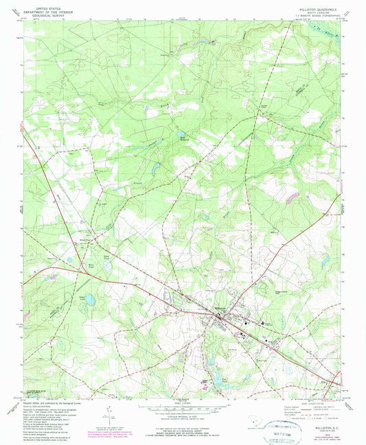 Classic USGS Williston South Carolina 7.5'x7.5' Topo Map Image