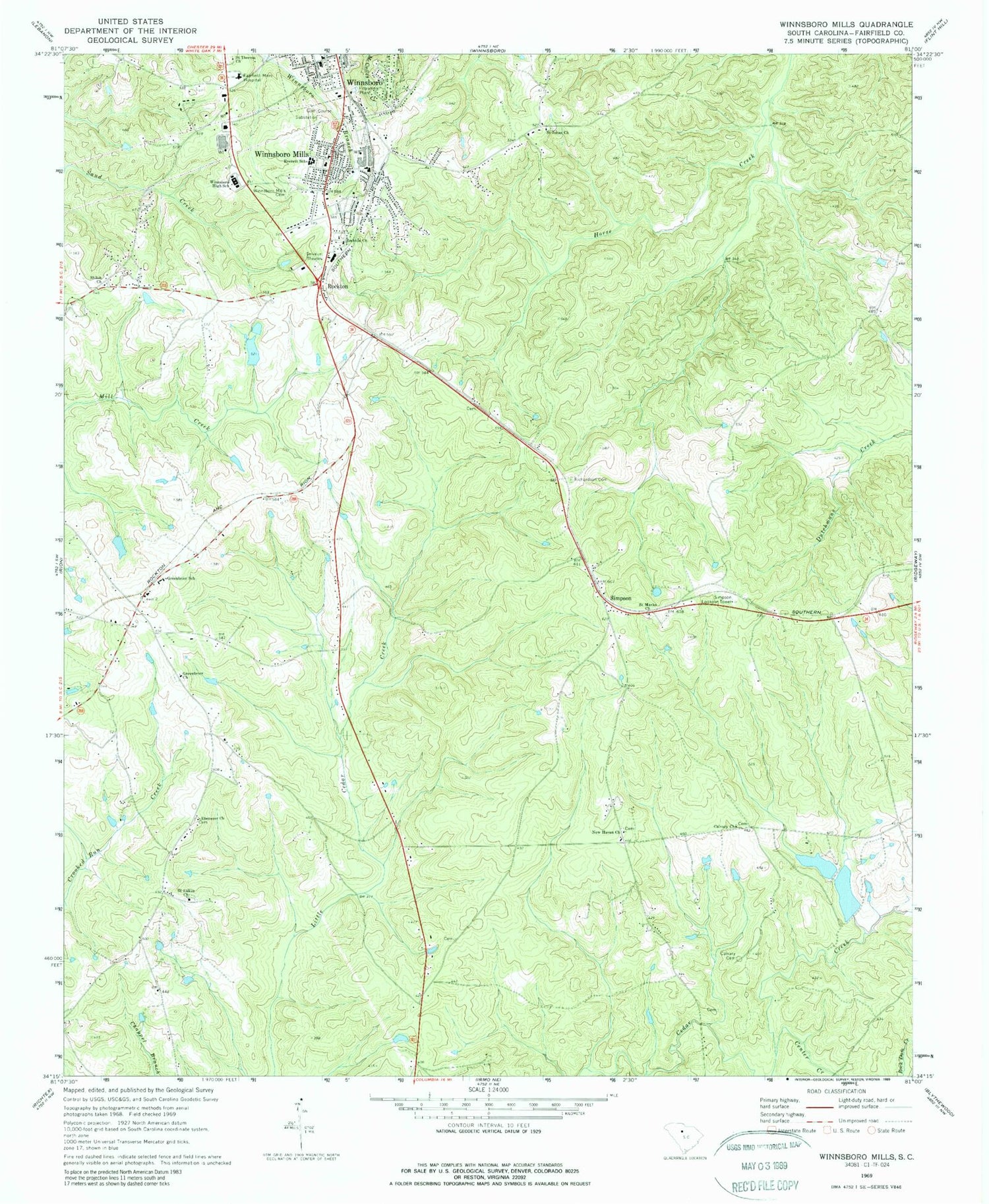 Classic USGS Winnsboro Mills South Carolina 7.5'x7.5' Topo Map Image