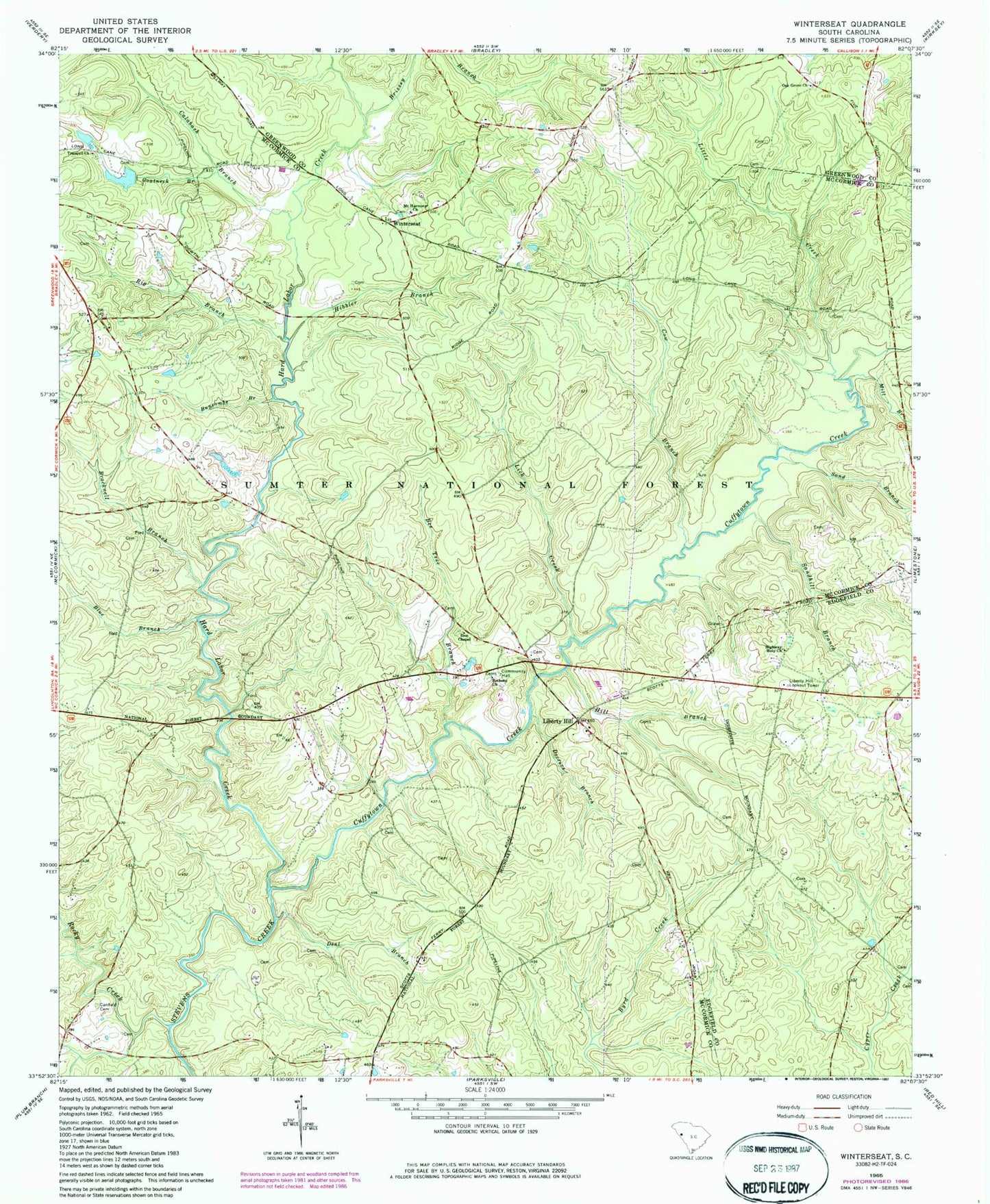 Classic USGS Winterseat South Carolina 7.5'x7.5' Topo Map Image