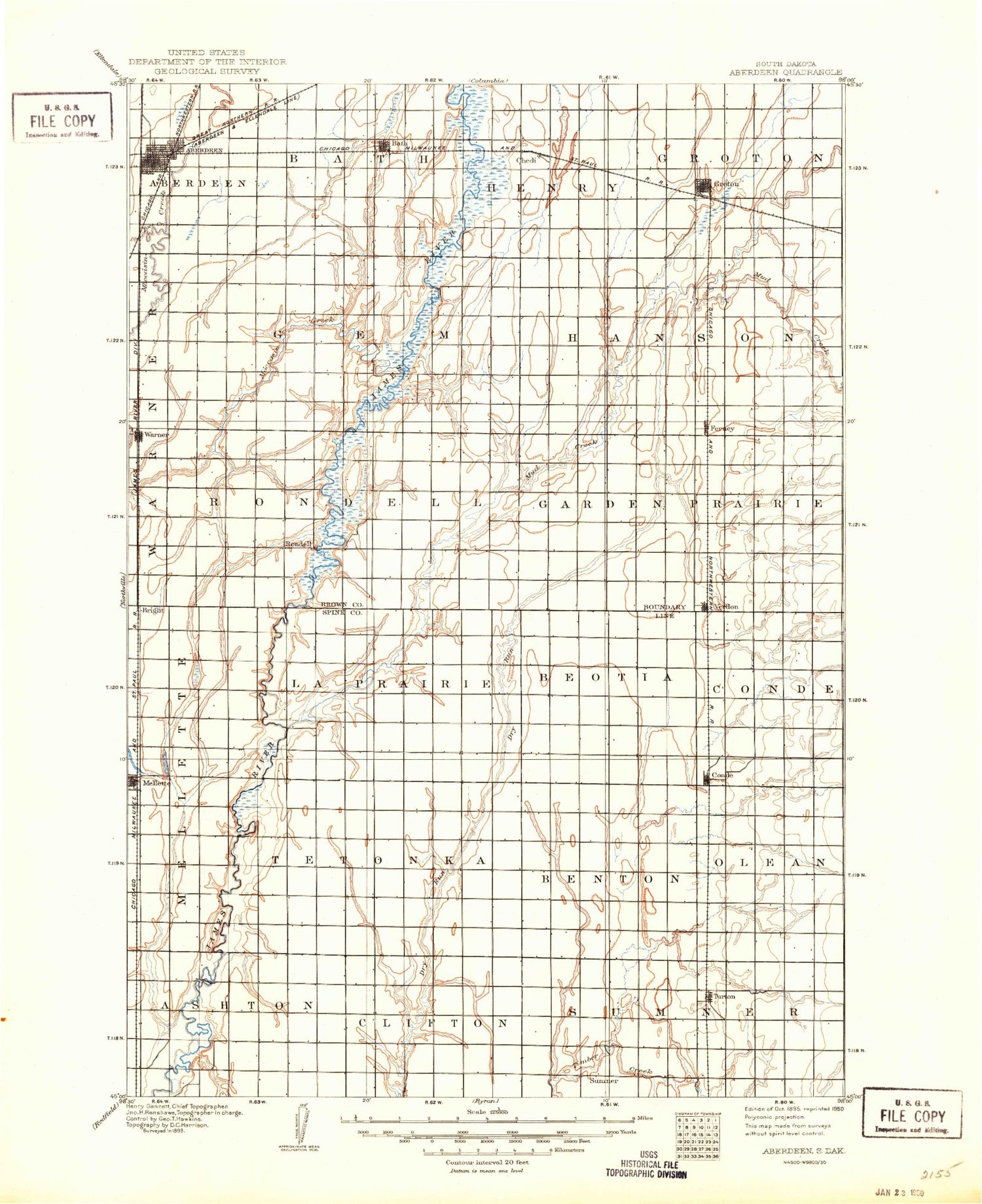 Historic 1895 Aberdeen South Dakota 30'x30' Topo Map Image