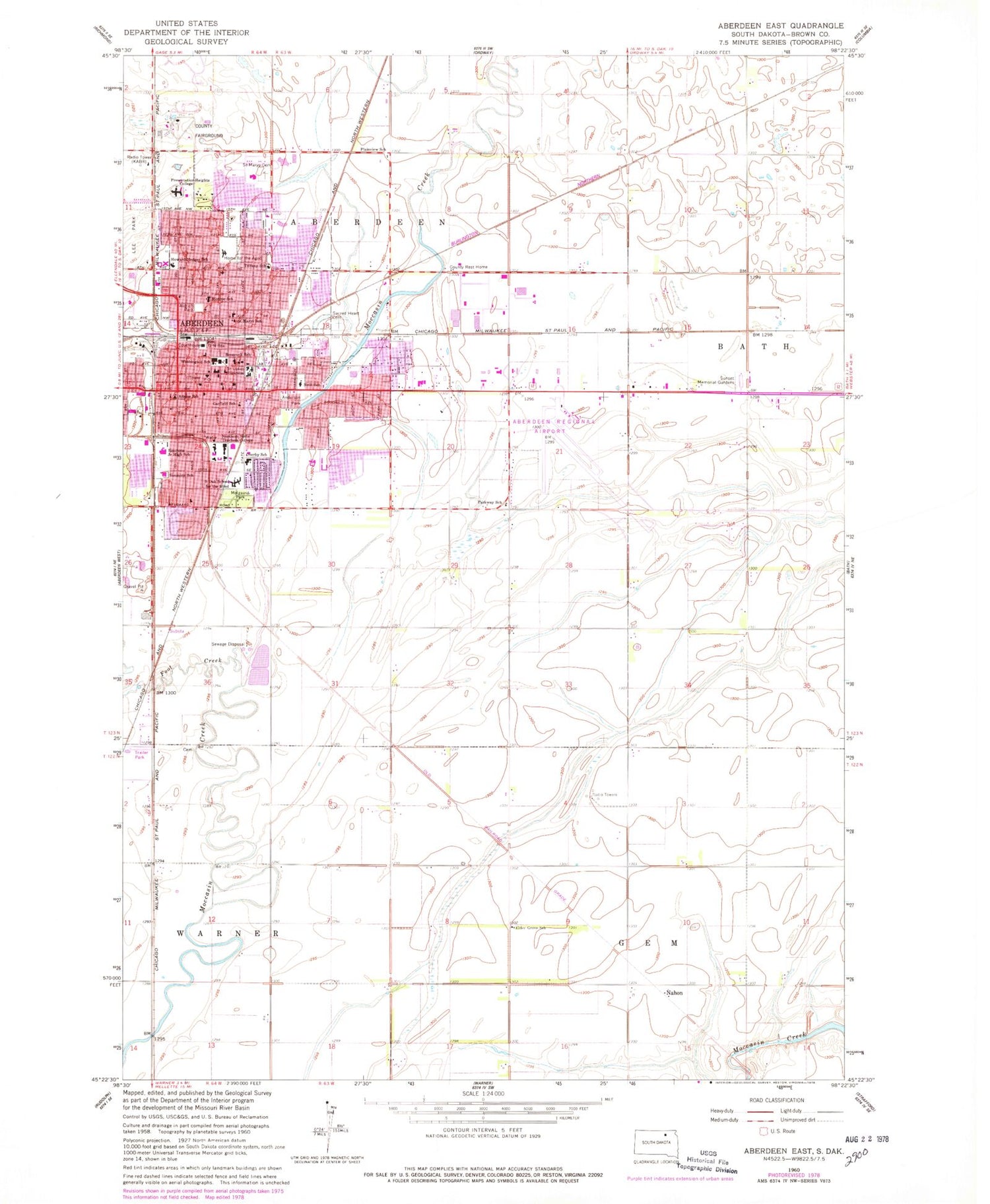 Classic USGS Aberdeen East South Dakota 7.5'x7.5' Topo Map Image