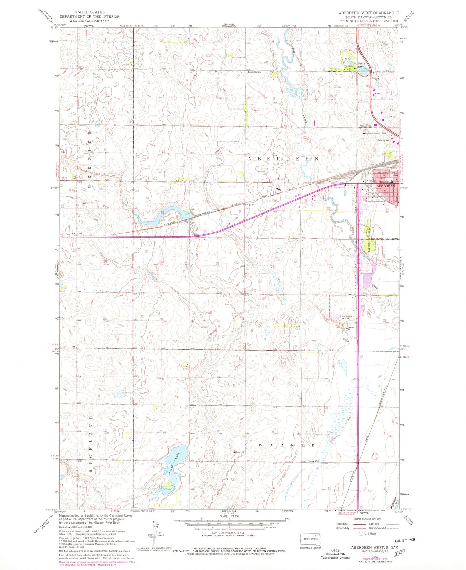 Classic USGS Aberdeen West South Dakota 7.5'x7.5' Topo Map Image