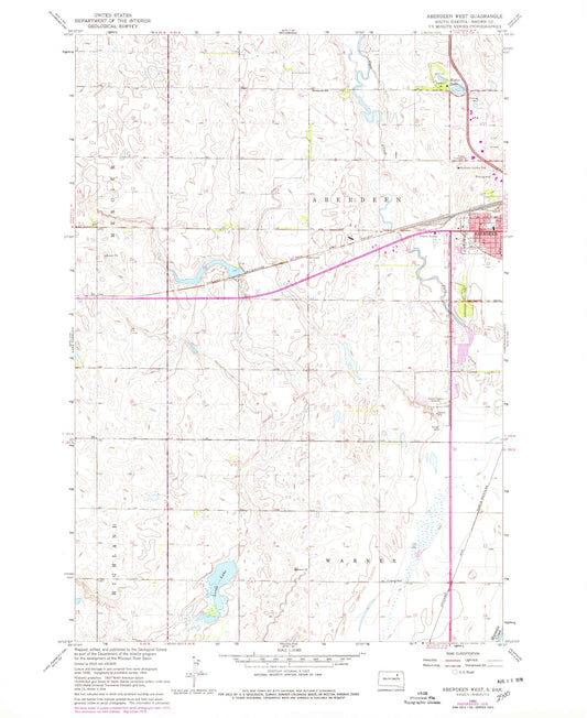 Classic USGS Aberdeen West South Dakota 7.5'x7.5' Topo Map Image