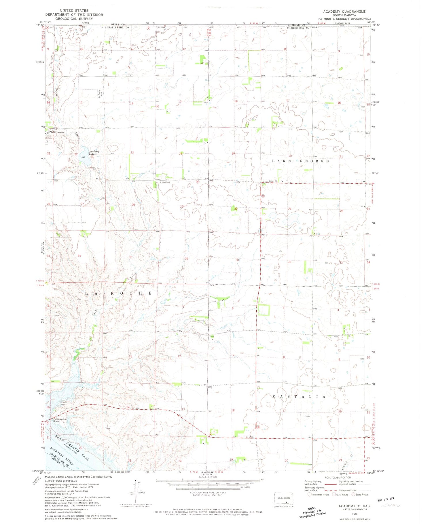 Classic USGS Academy South Dakota 7.5'x7.5' Topo Map Image