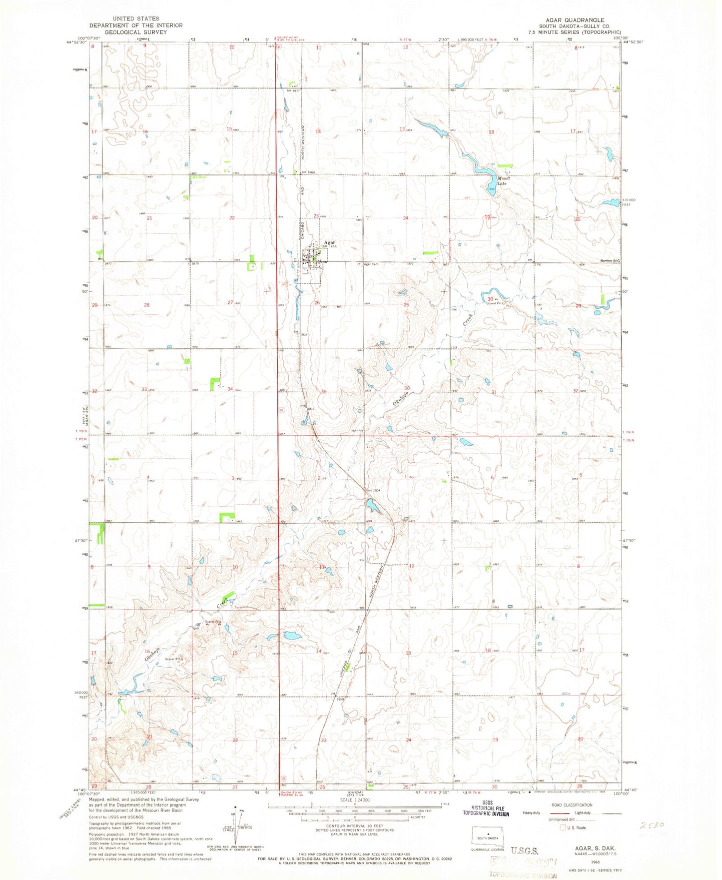 Classic USGS Agar South Dakota 7.5'x7.5' Topo Map Image
