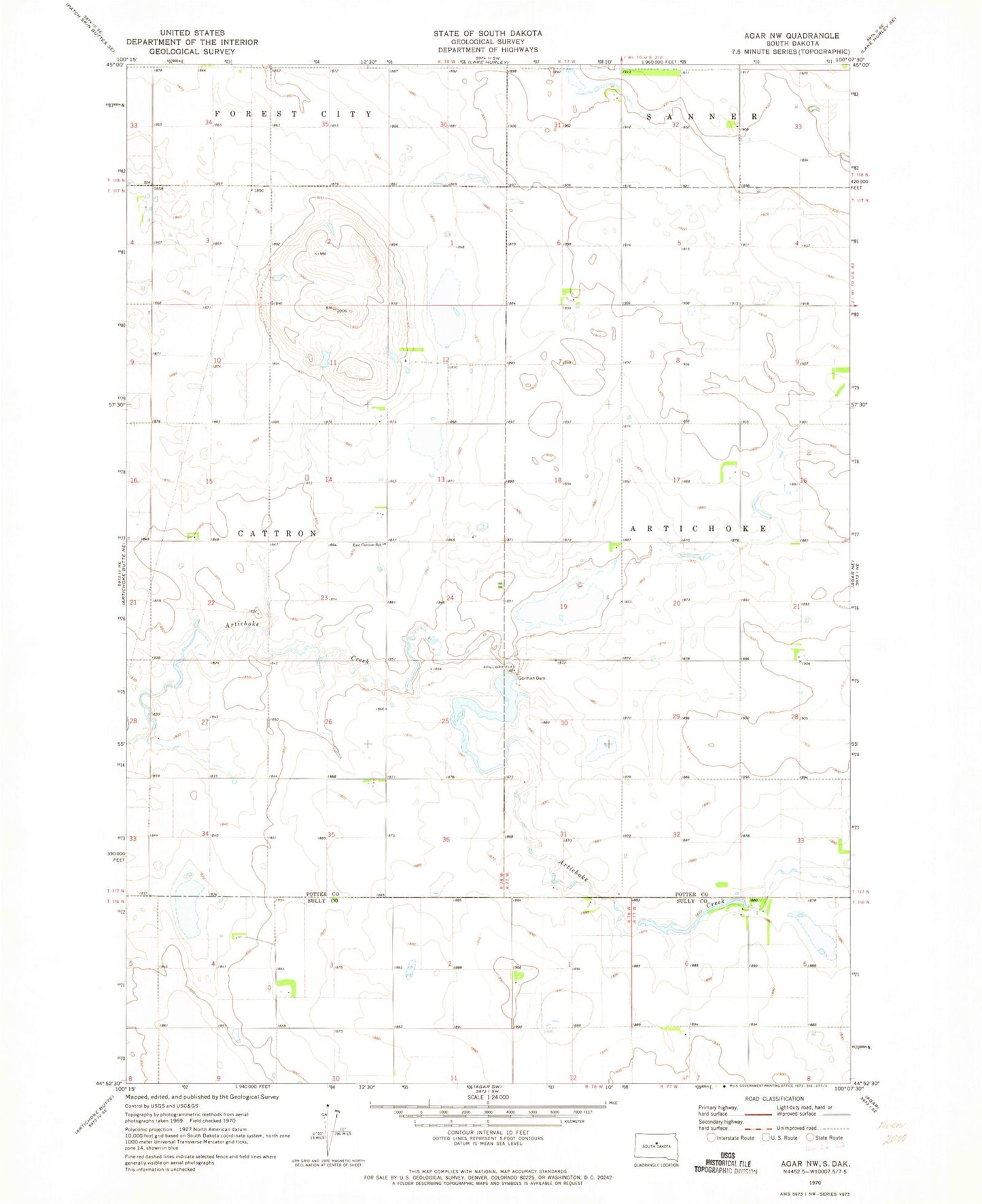 Classic USGS Agar NW South Dakota 7.5'x7.5' Topo Map Image