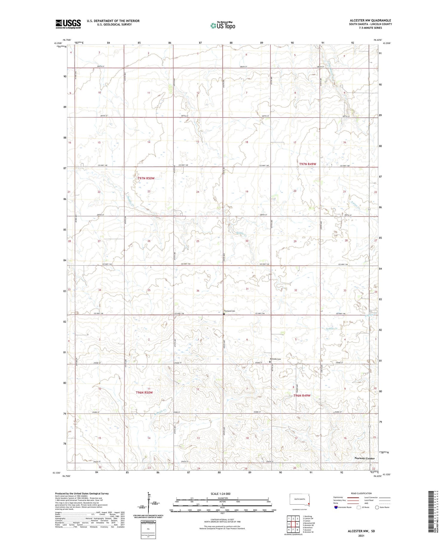 Alcester NW South Dakota US Topo Map Image