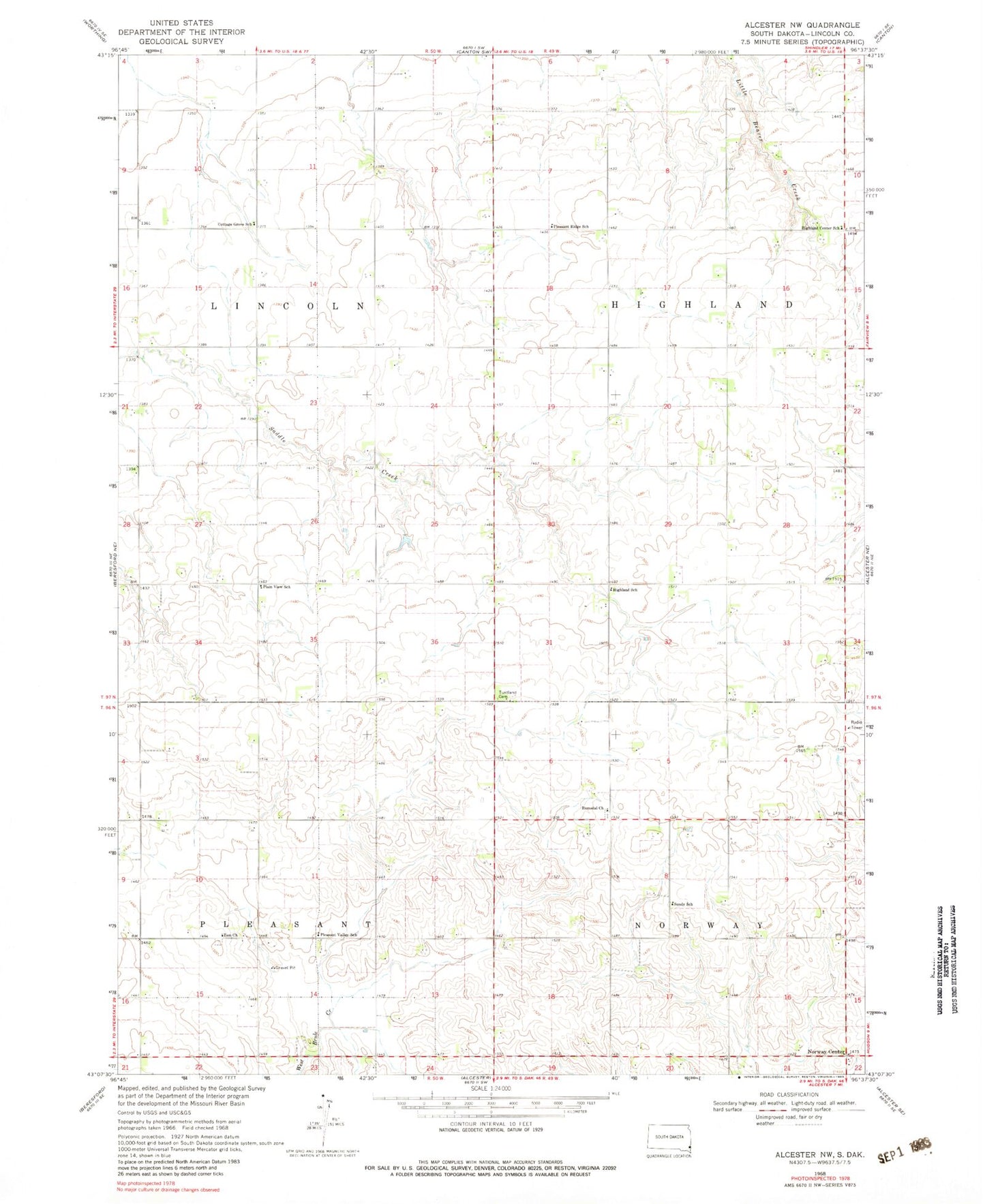 Classic USGS Alcester NW South Dakota 7.5'x7.5' Topo Map Image