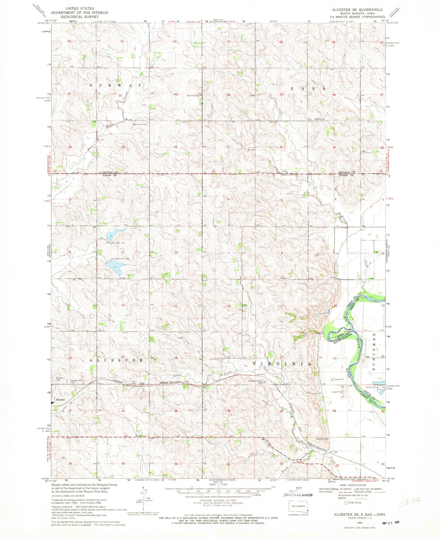 Classic USGS Alcester SE South Dakota 7.5'x7.5' Topo Map Image