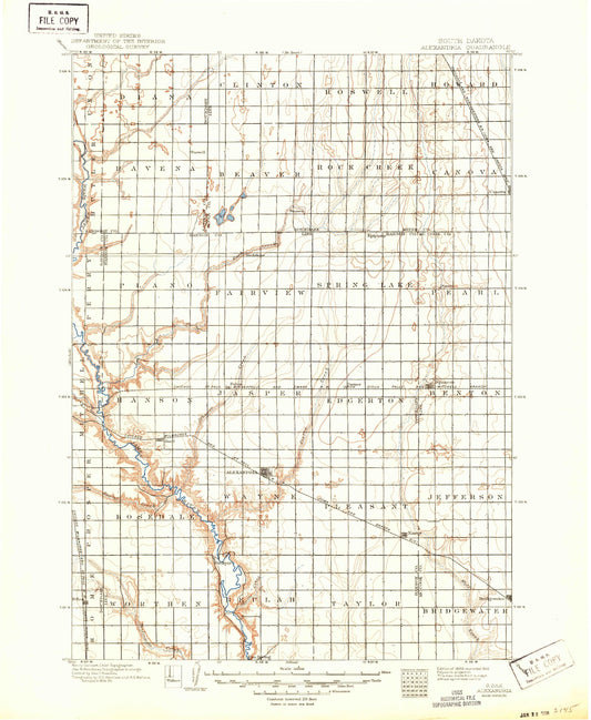 Historic 1899 Alexandria South Dakota 30'x30' Topo Map Image