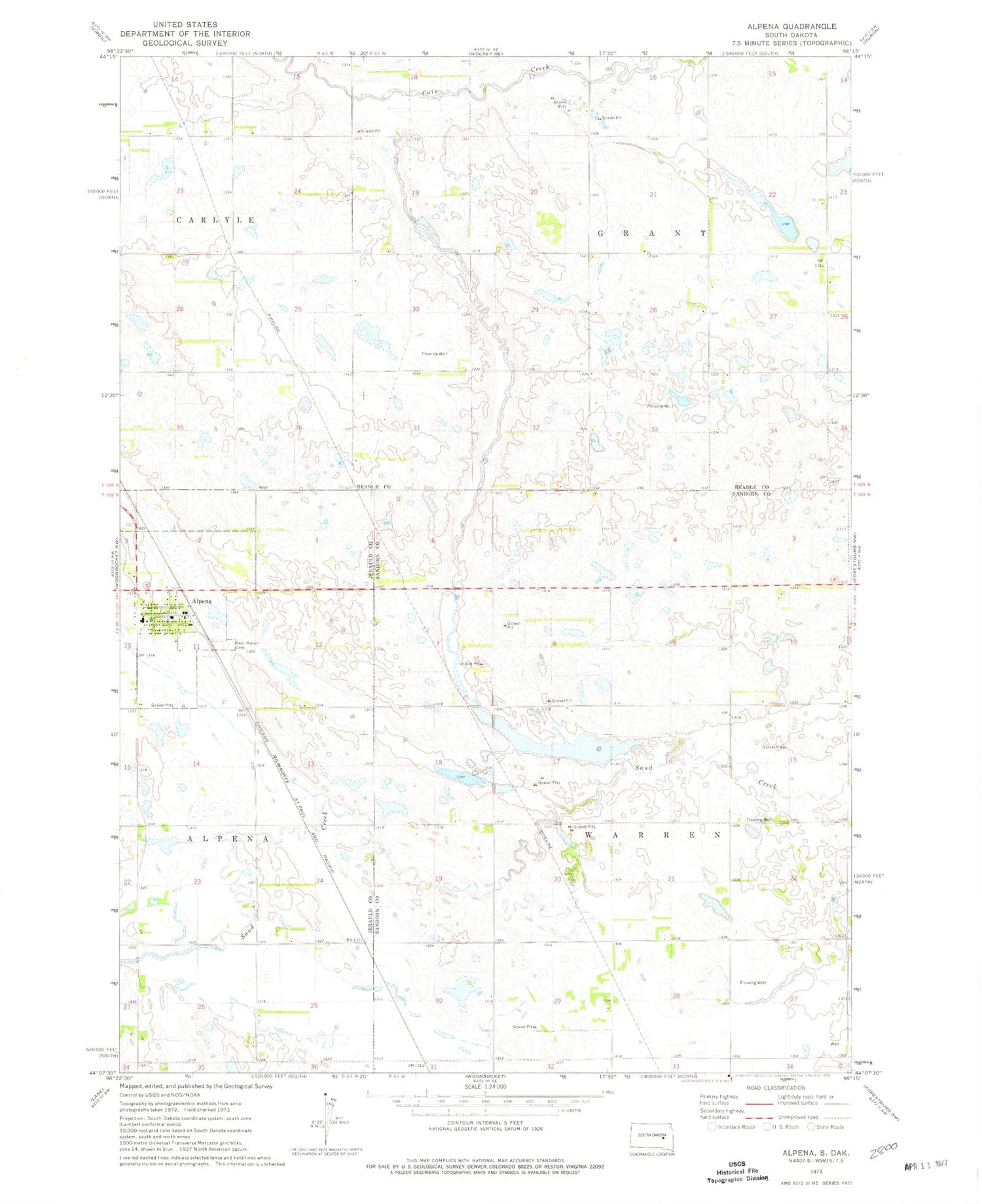 Classic USGS Alpena South Dakota 7.5'x7.5' Topo Map Image