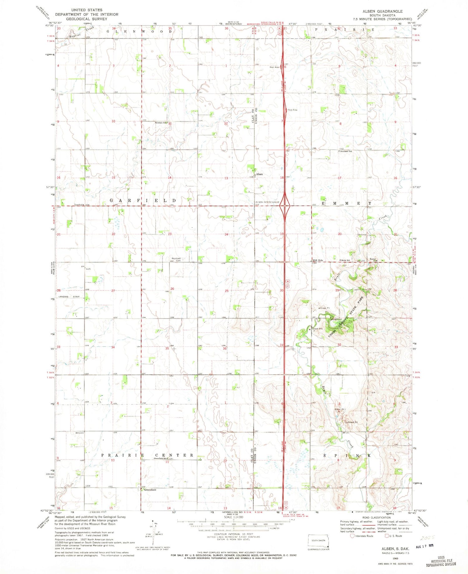 Classic USGS Alsen South Dakota 7.5'x7.5' Topo Map Image