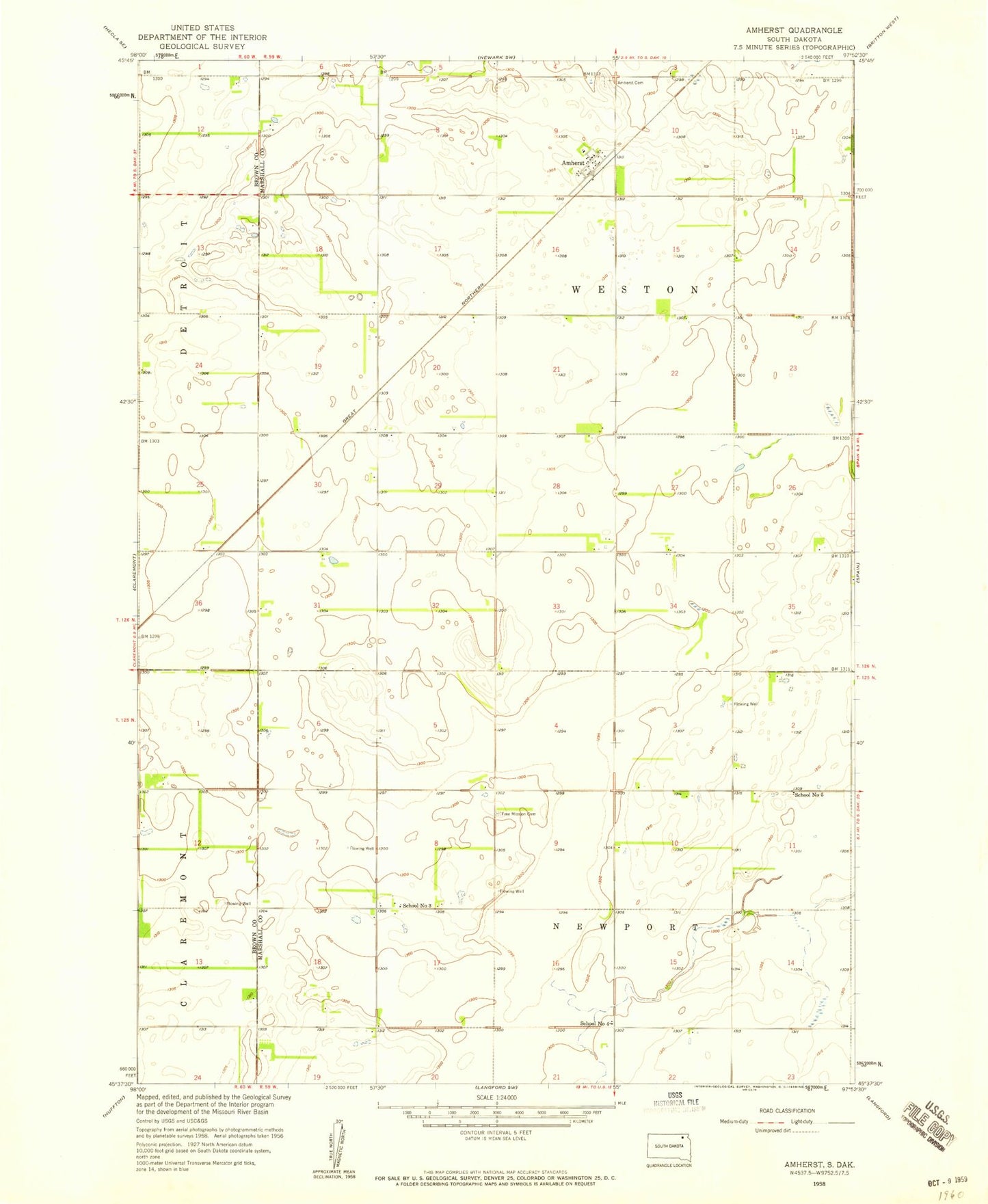 Classic USGS Amherst South Dakota 7.5'x7.5' Topo Map Image