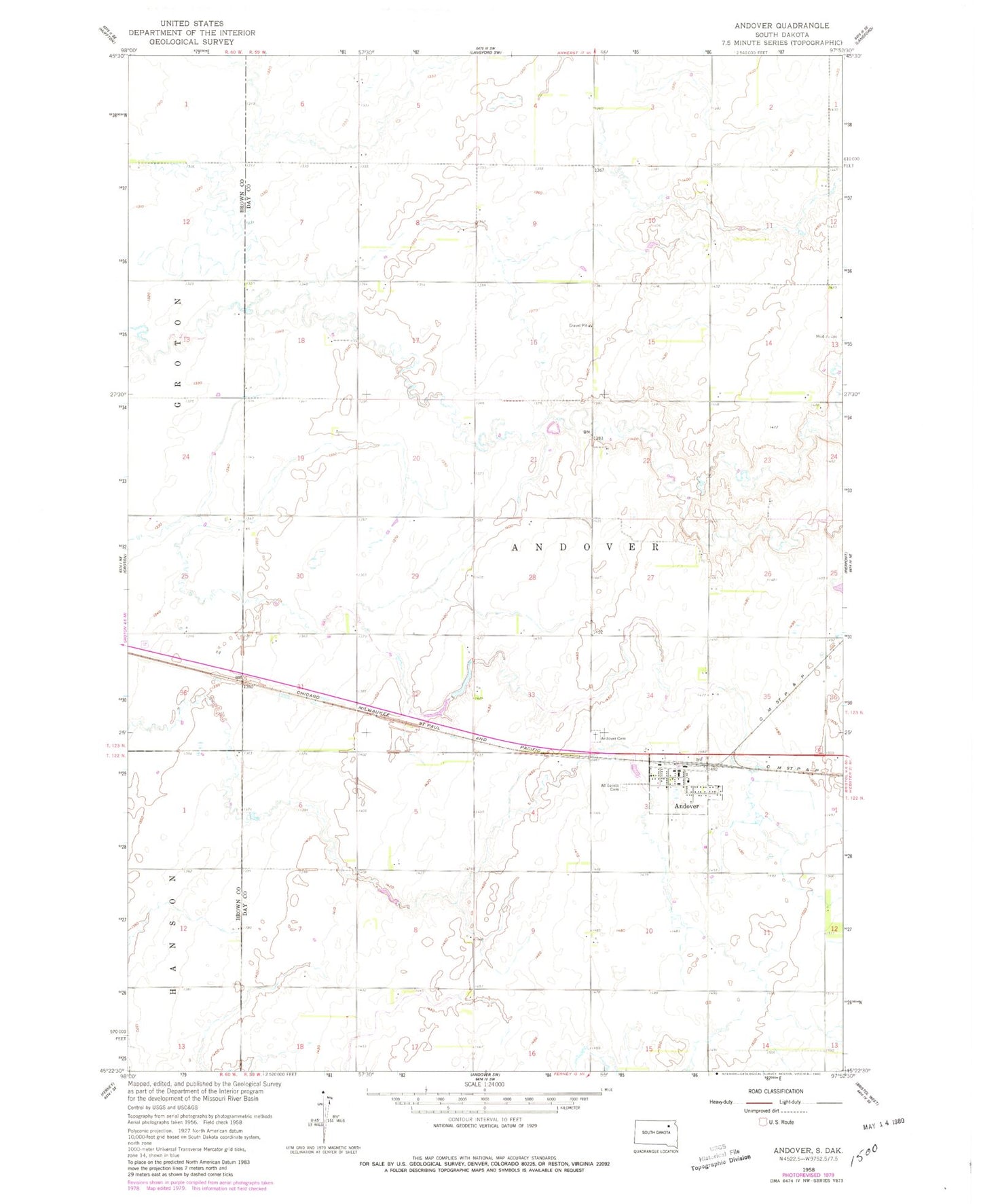Classic USGS Andover South Dakota 7.5'x7.5' Topo Map Image