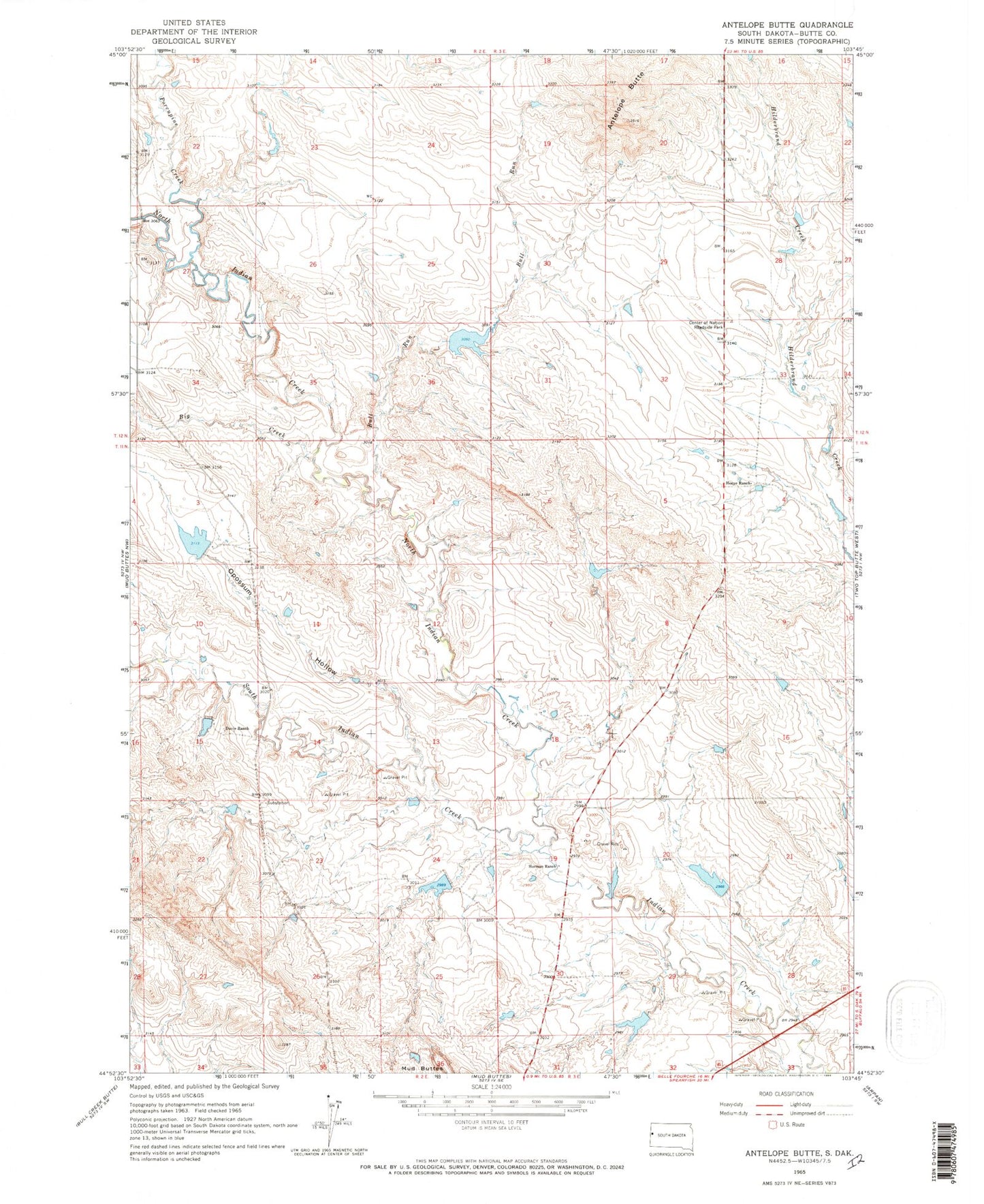 Classic USGS Antelope Butte South Dakota 7.5'x7.5' Topo Map Image