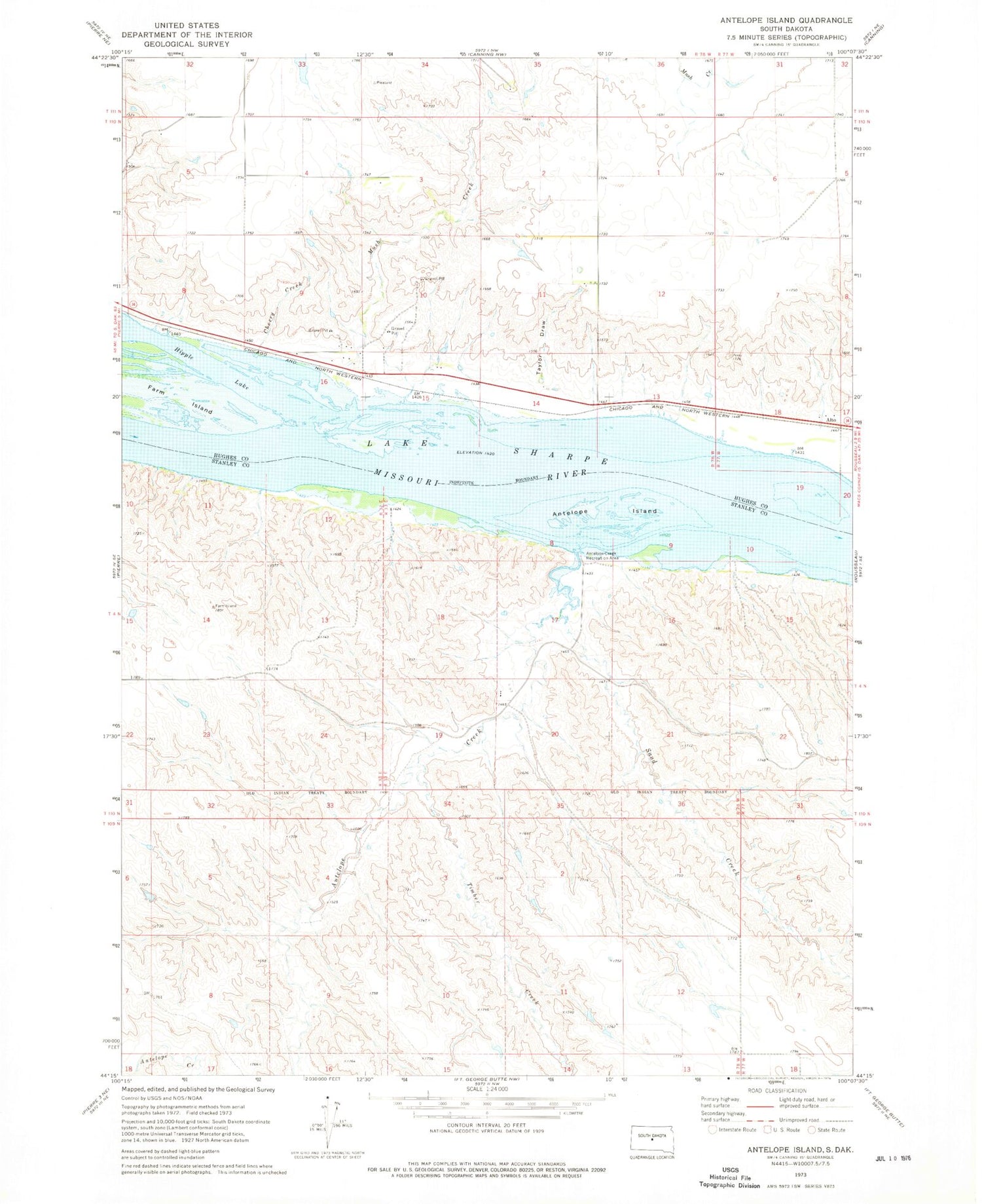 Classic USGS Antelope Island South Dakota 7.5'x7.5' Topo Map Image