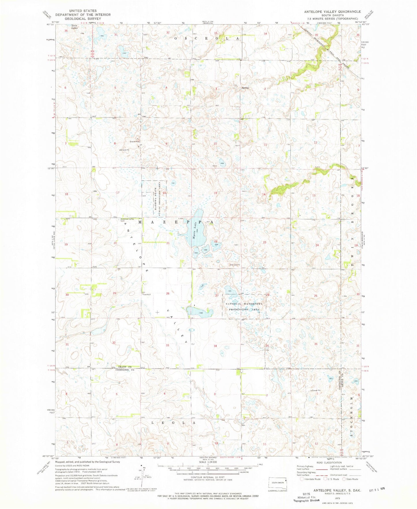 Classic USGS Antelope Valley South Dakota 7.5'x7.5' Topo Map Image