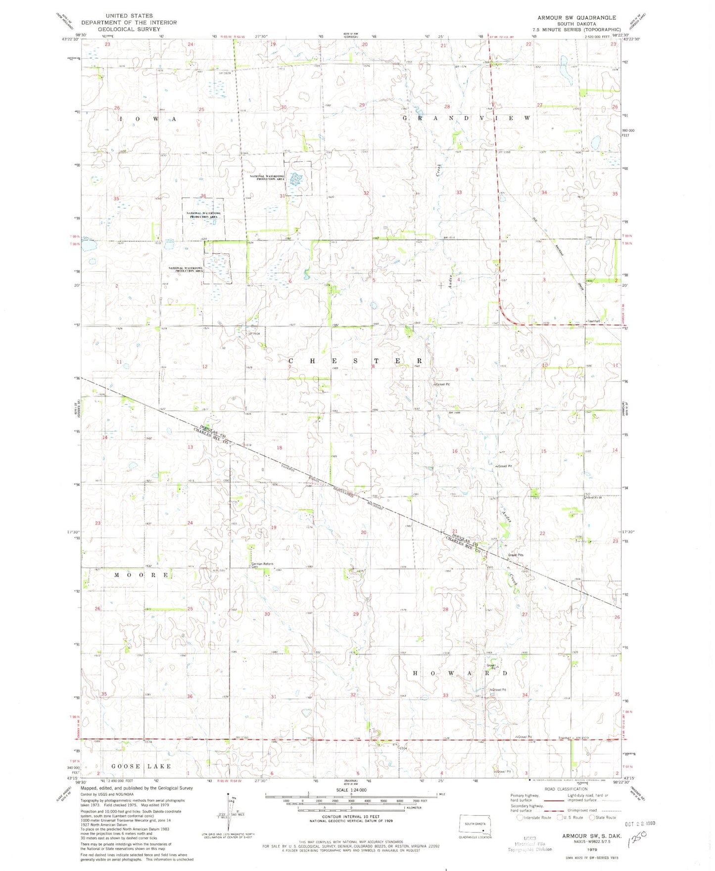 Classic USGS Armour SW South Dakota 7.5'x7.5' Topo Map Image