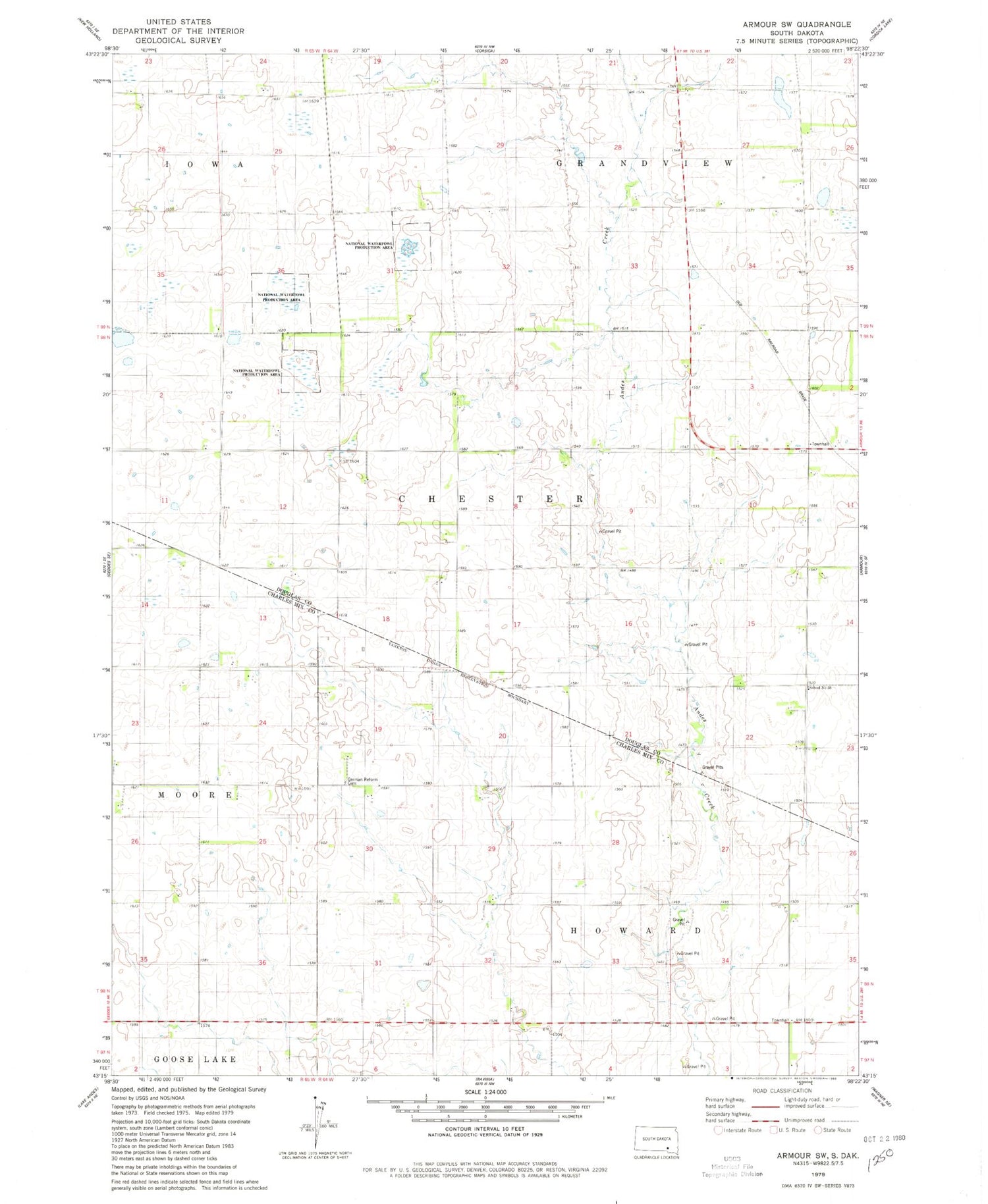 Classic USGS Armour SW South Dakota 7.5'x7.5' Topo Map Image