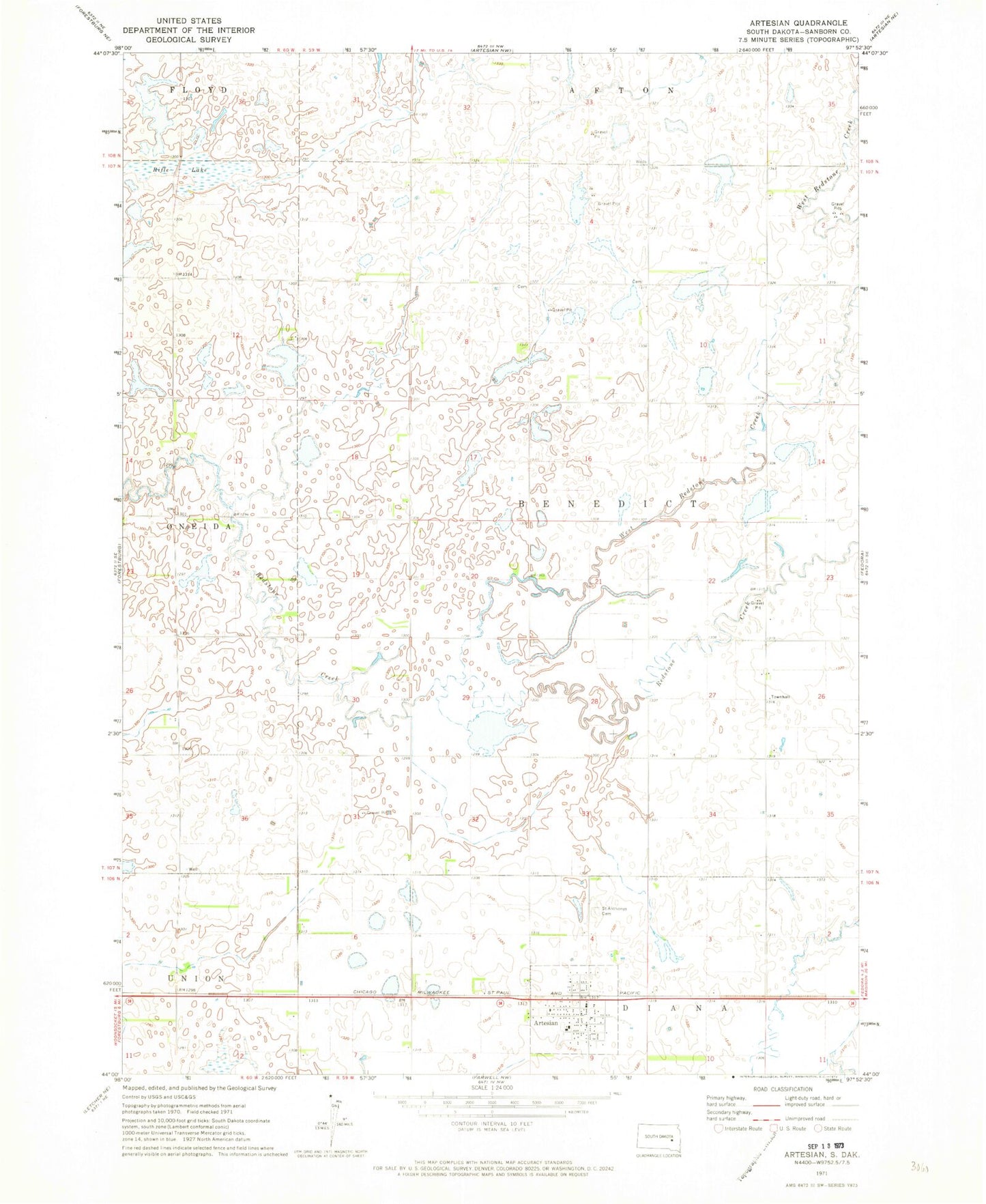 Classic USGS Artesian South Dakota 7.5'x7.5' Topo Map Image