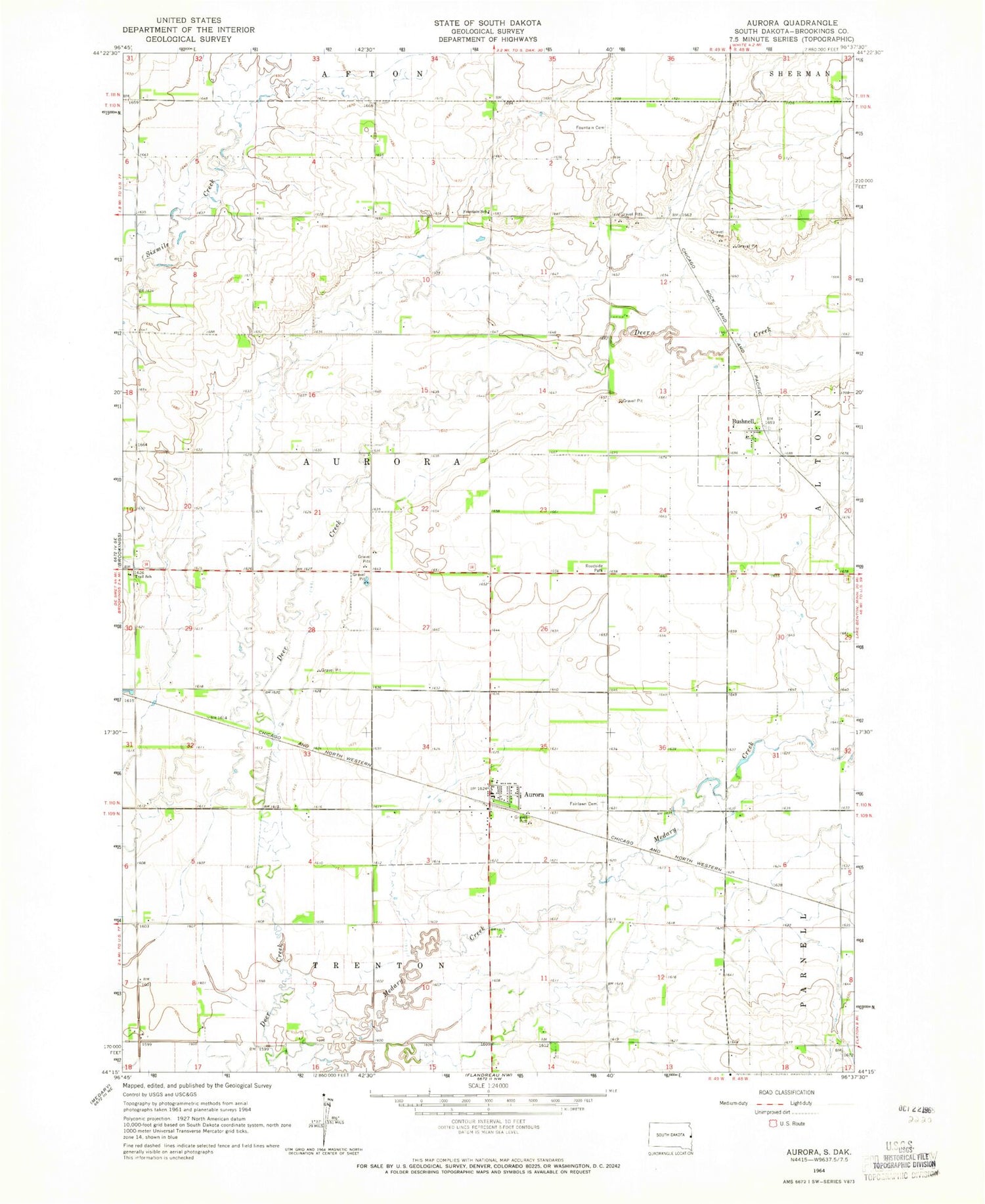 Classic USGS Aurora South Dakota 7.5'x7.5' Topo Map Image