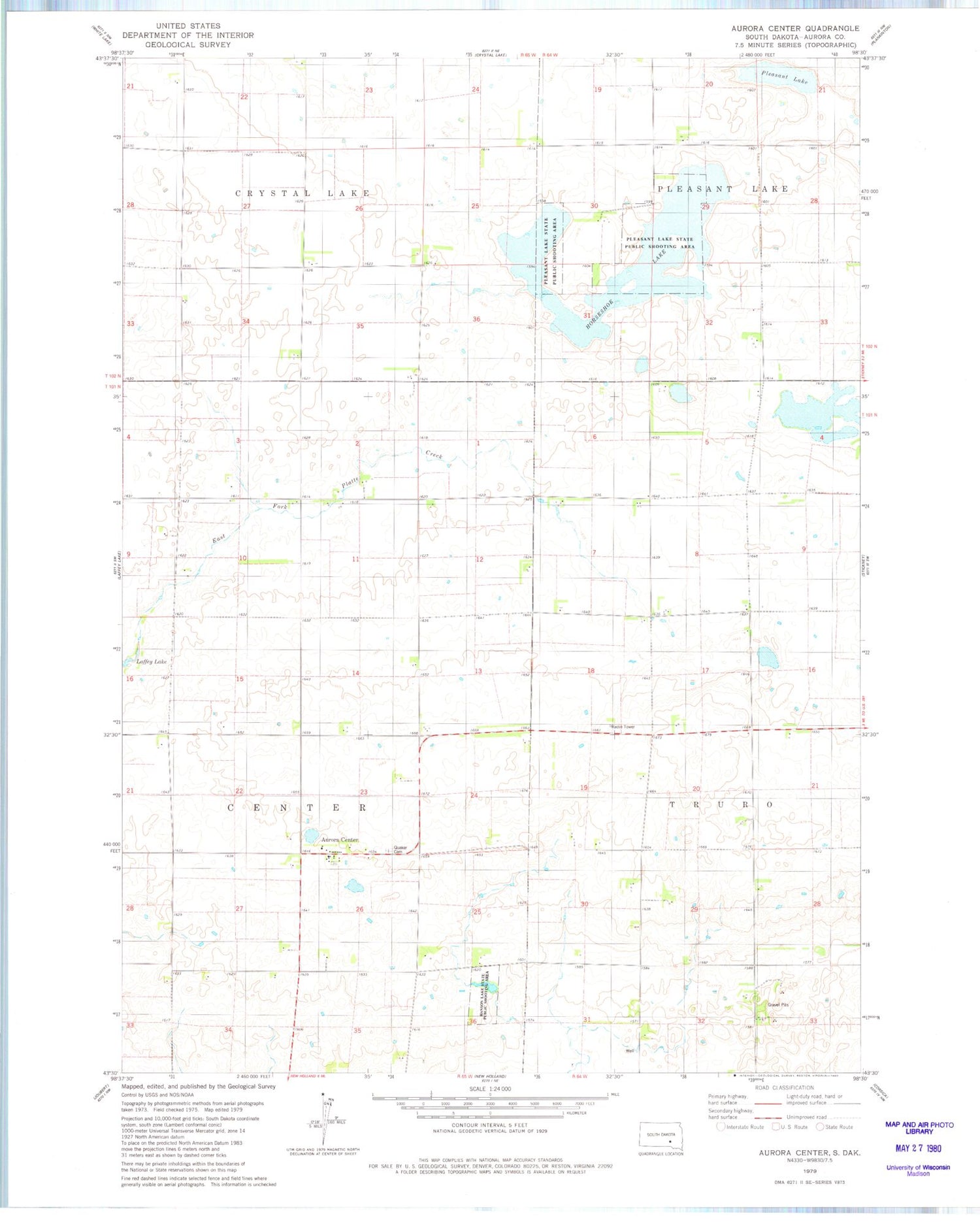 Classic USGS Aurora Center South Dakota 7.5'x7.5' Topo Map Image