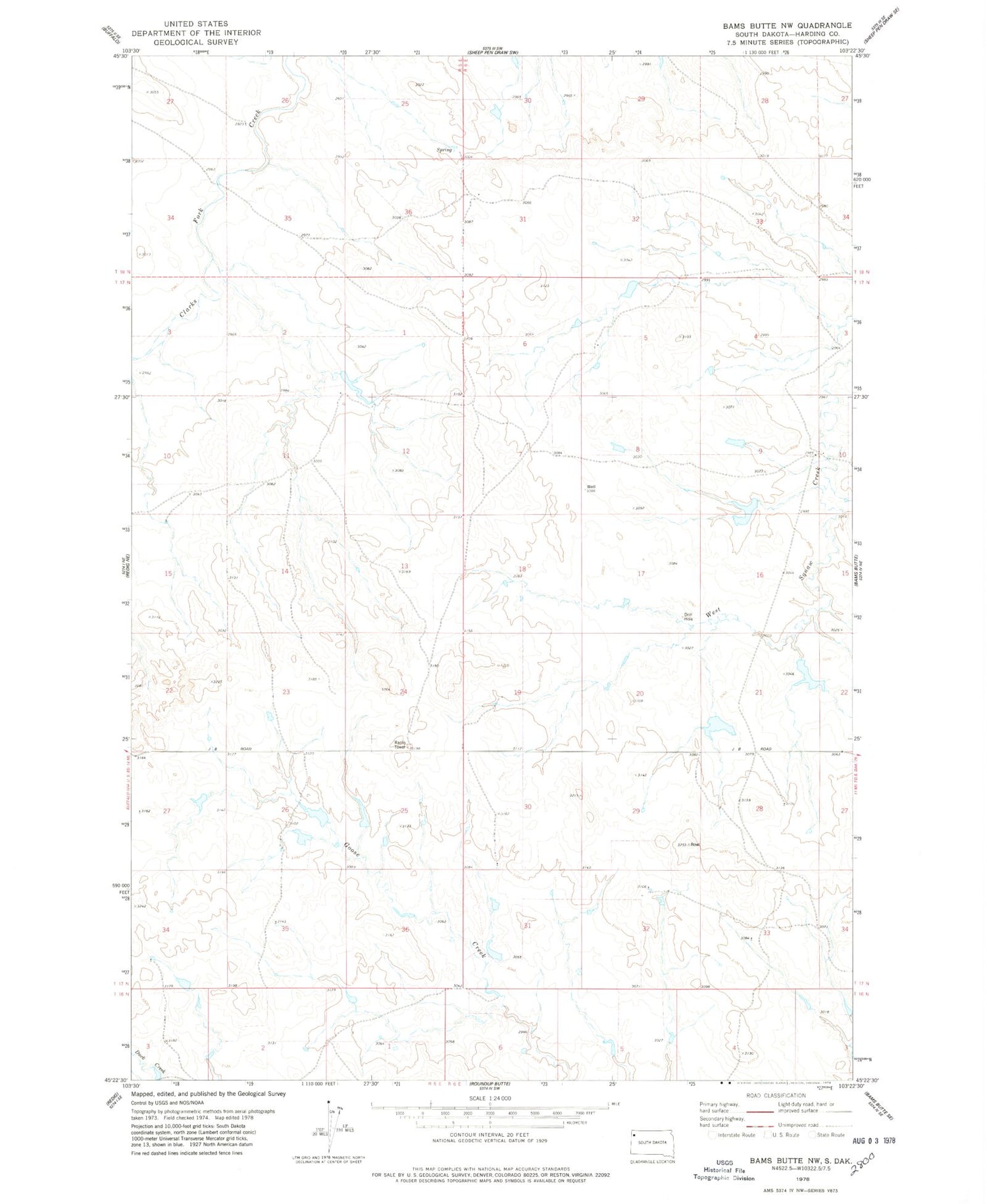 Classic USGS Bams Butte NW South Dakota 7.5'x7.5' Topo Map Image