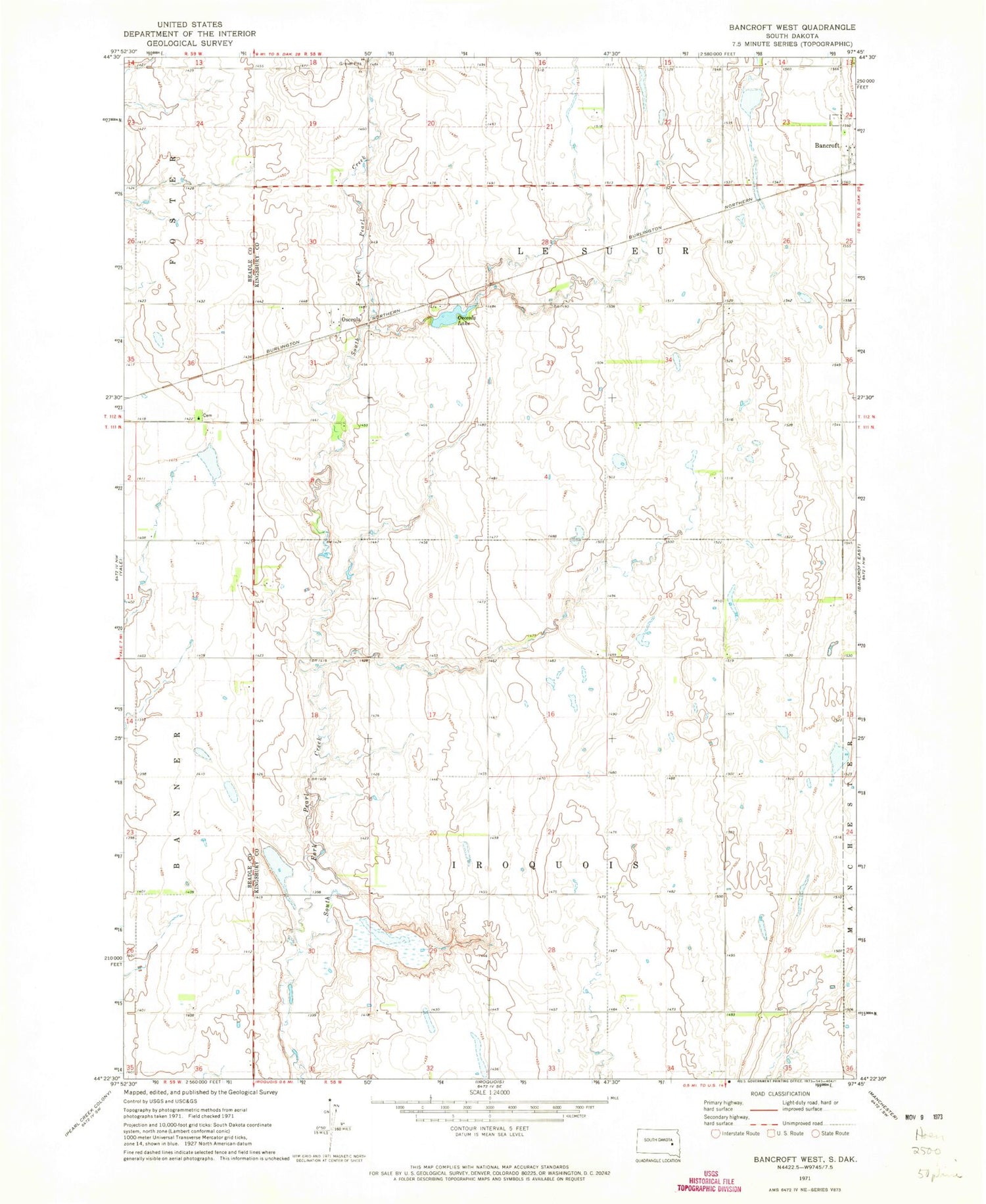 Classic USGS Bancroft West South Dakota 7.5'x7.5' Topo Map Image
