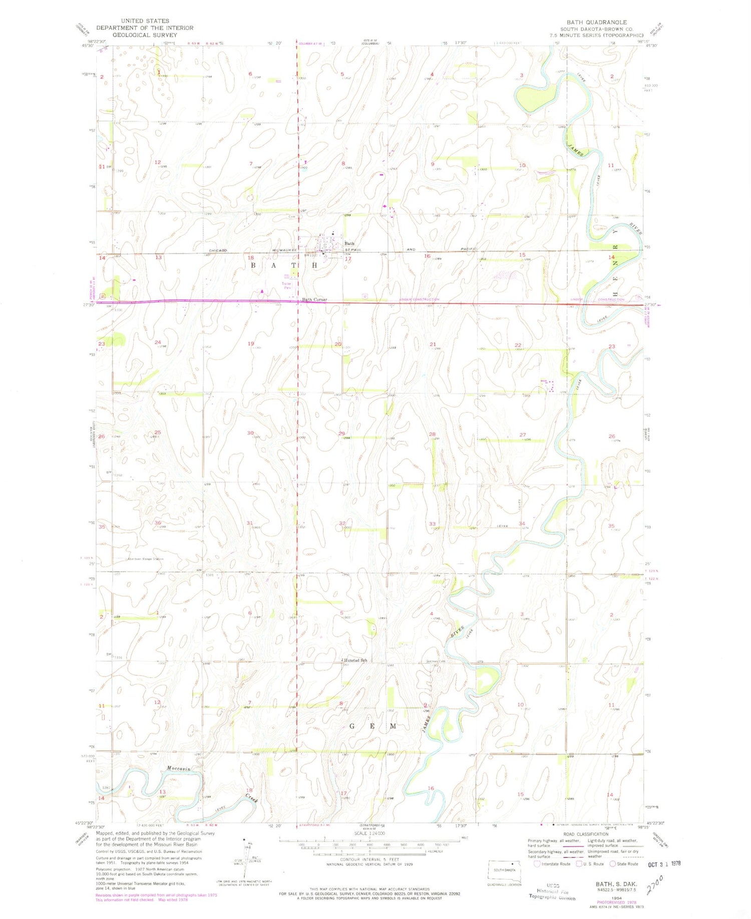 Classic USGS Bath South Dakota 7.5'x7.5' Topo Map Image