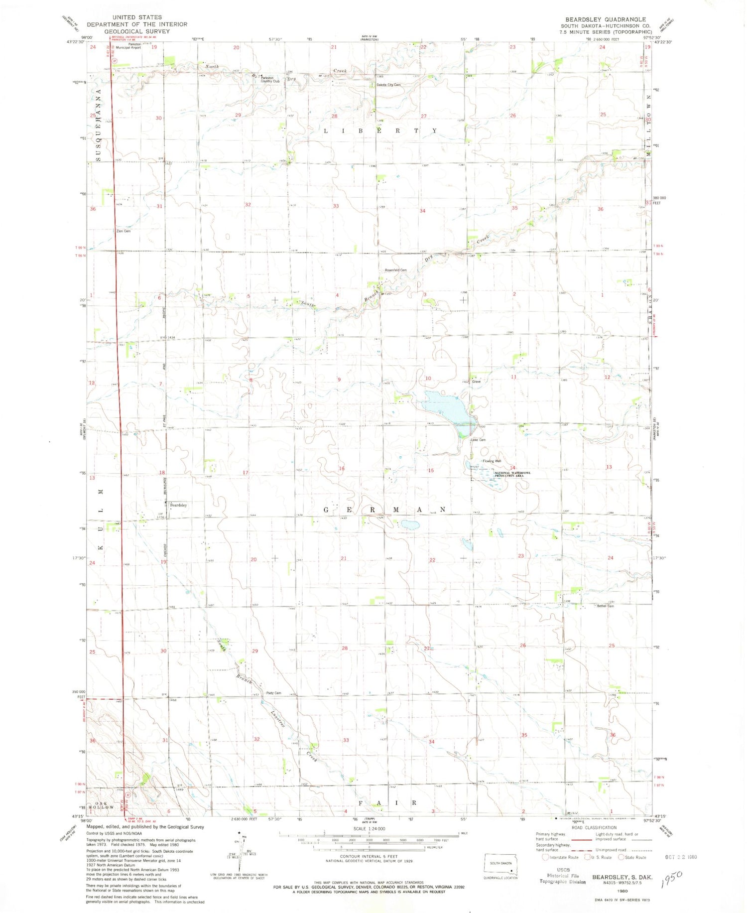 Classic USGS Beardsley South Dakota 7.5'x7.5' Topo Map Image