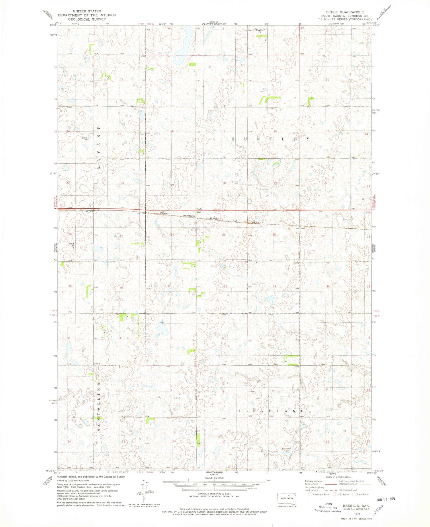 Classic USGS Beebe South Dakota 7.5'x7.5' Topo Map Image