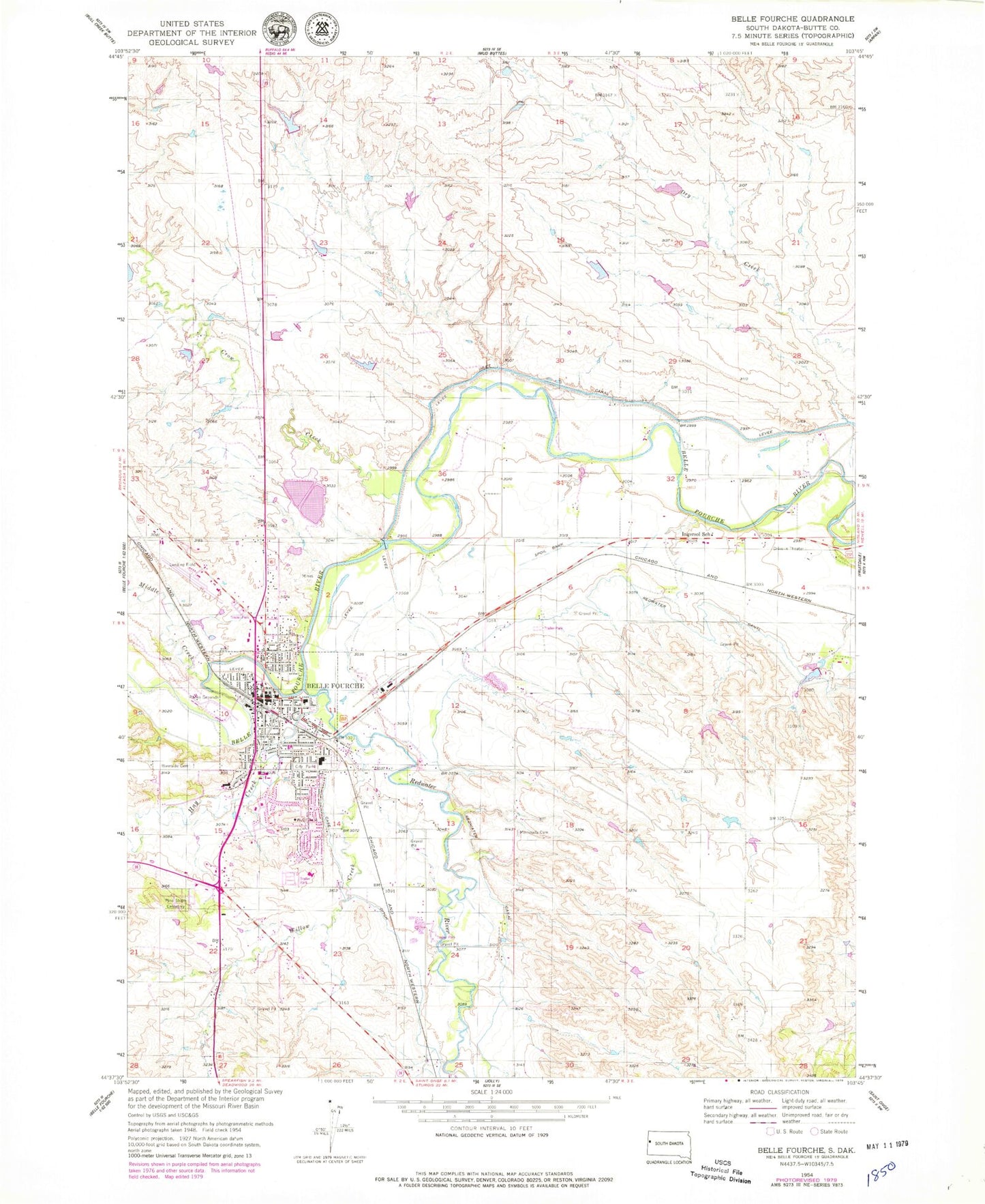 Classic USGS Belle Fourche South Dakota 7.5'x7.5' Topo Map Image