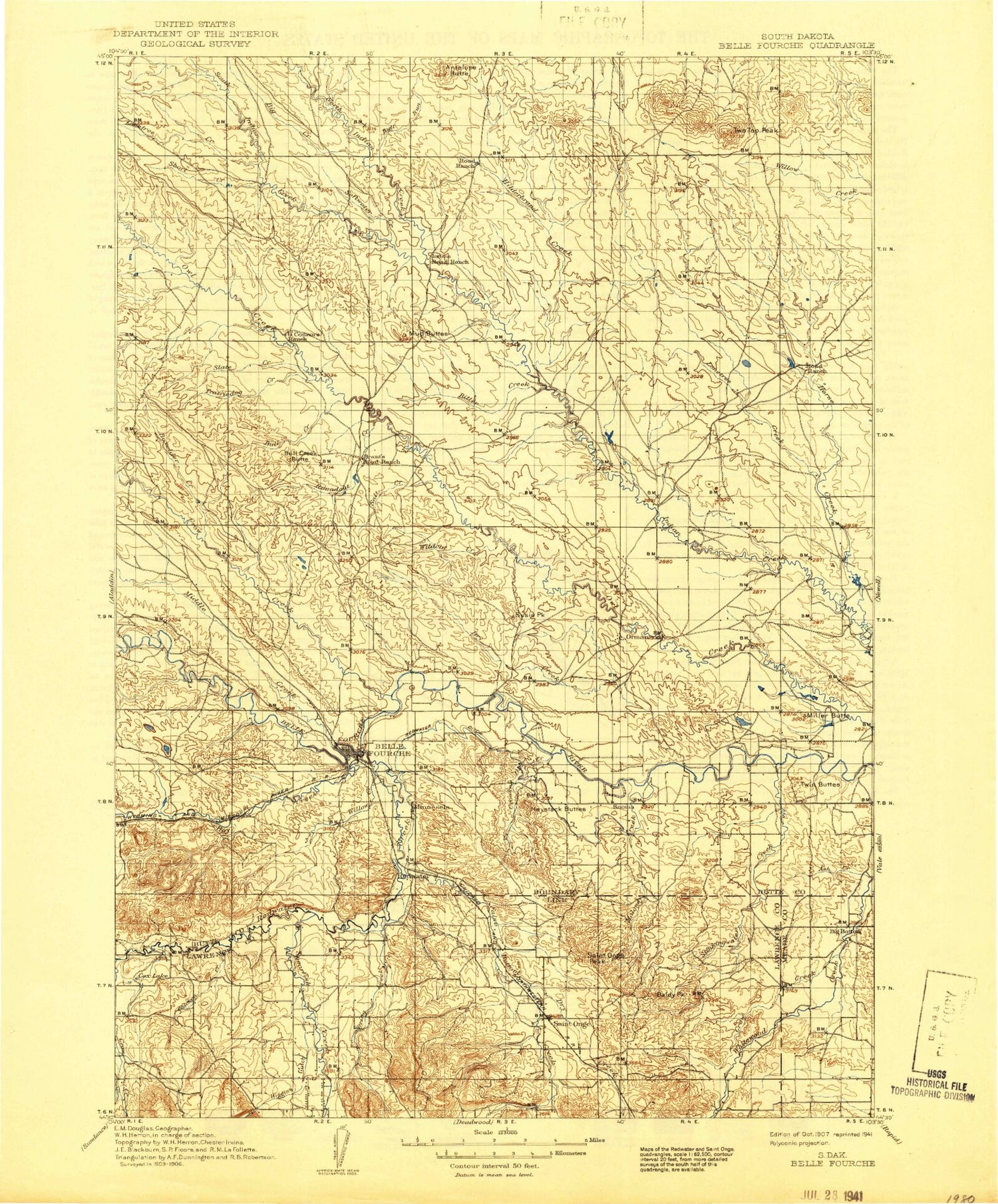 Historic 1907 Belle Fourche South Dakota 30'x30' Topo Map Image