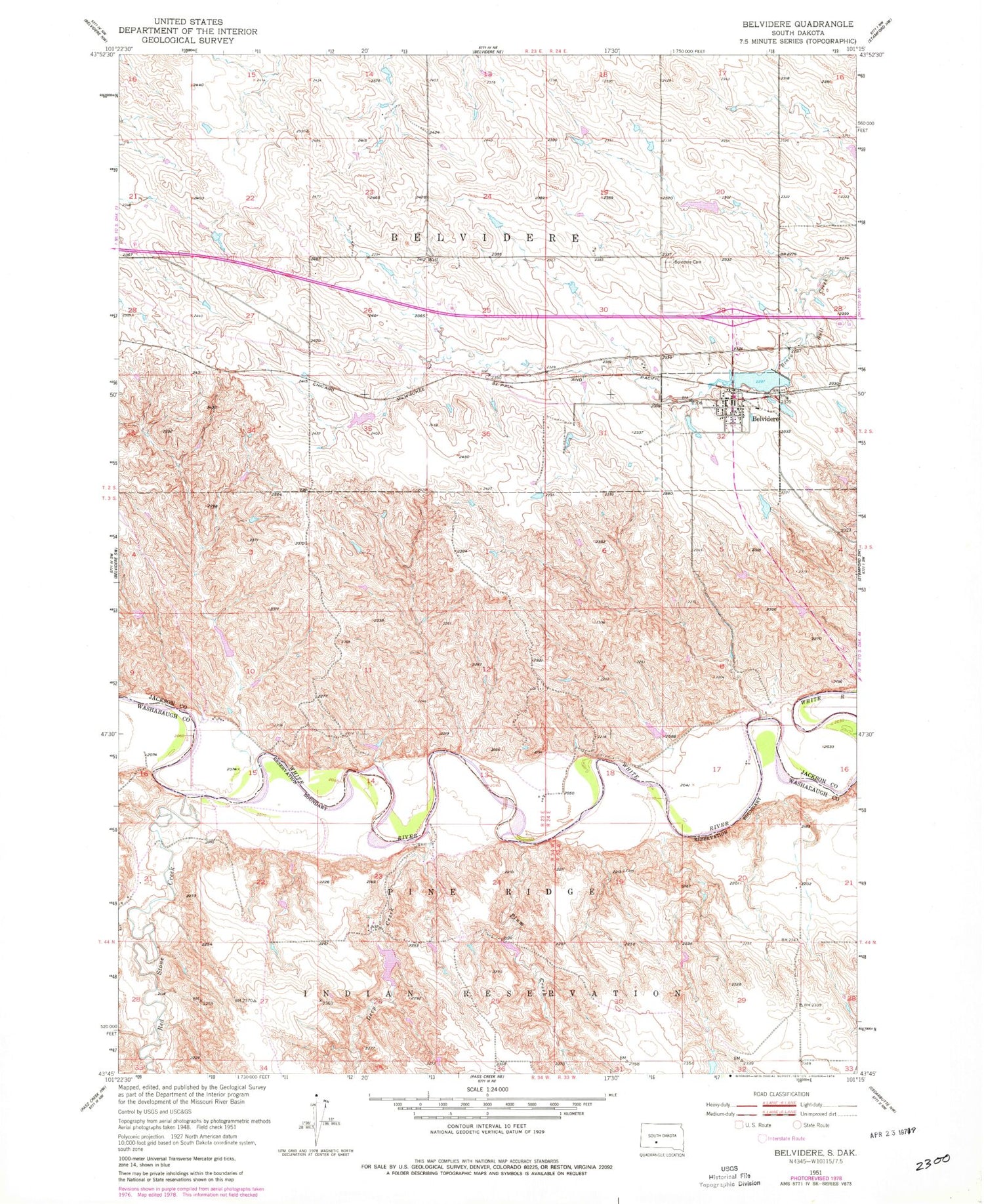 Classic USGS Belvidere South Dakota 7.5'x7.5' Topo Map Image