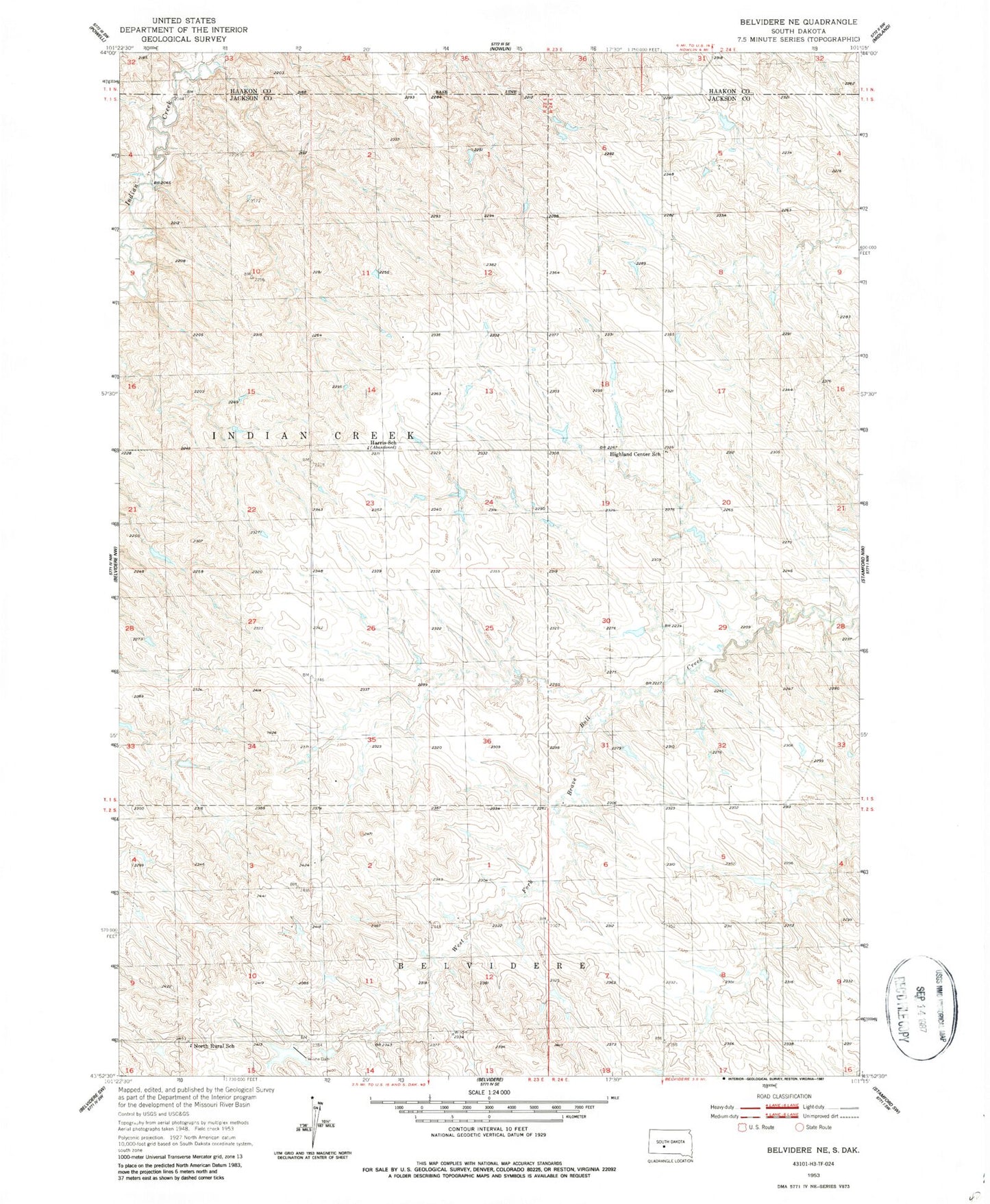 Classic USGS Belvidere NE South Dakota 7.5'x7.5' Topo Map Image