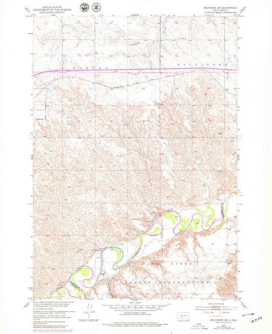 Classic USGS Belvidere SW South Dakota 7.5'x7.5' Topo Map Image