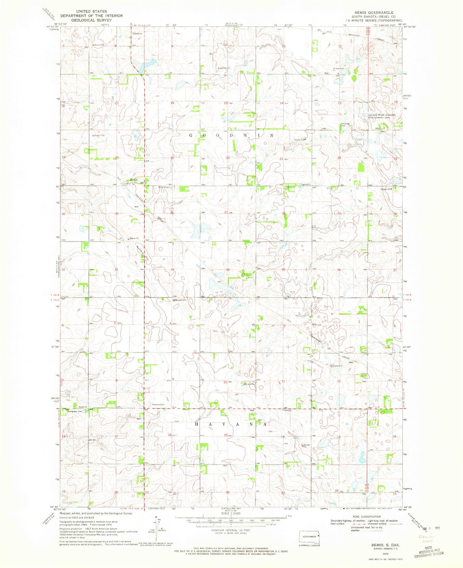 Classic USGS Bemis South Dakota 7.5'x7.5' Topo Map Image