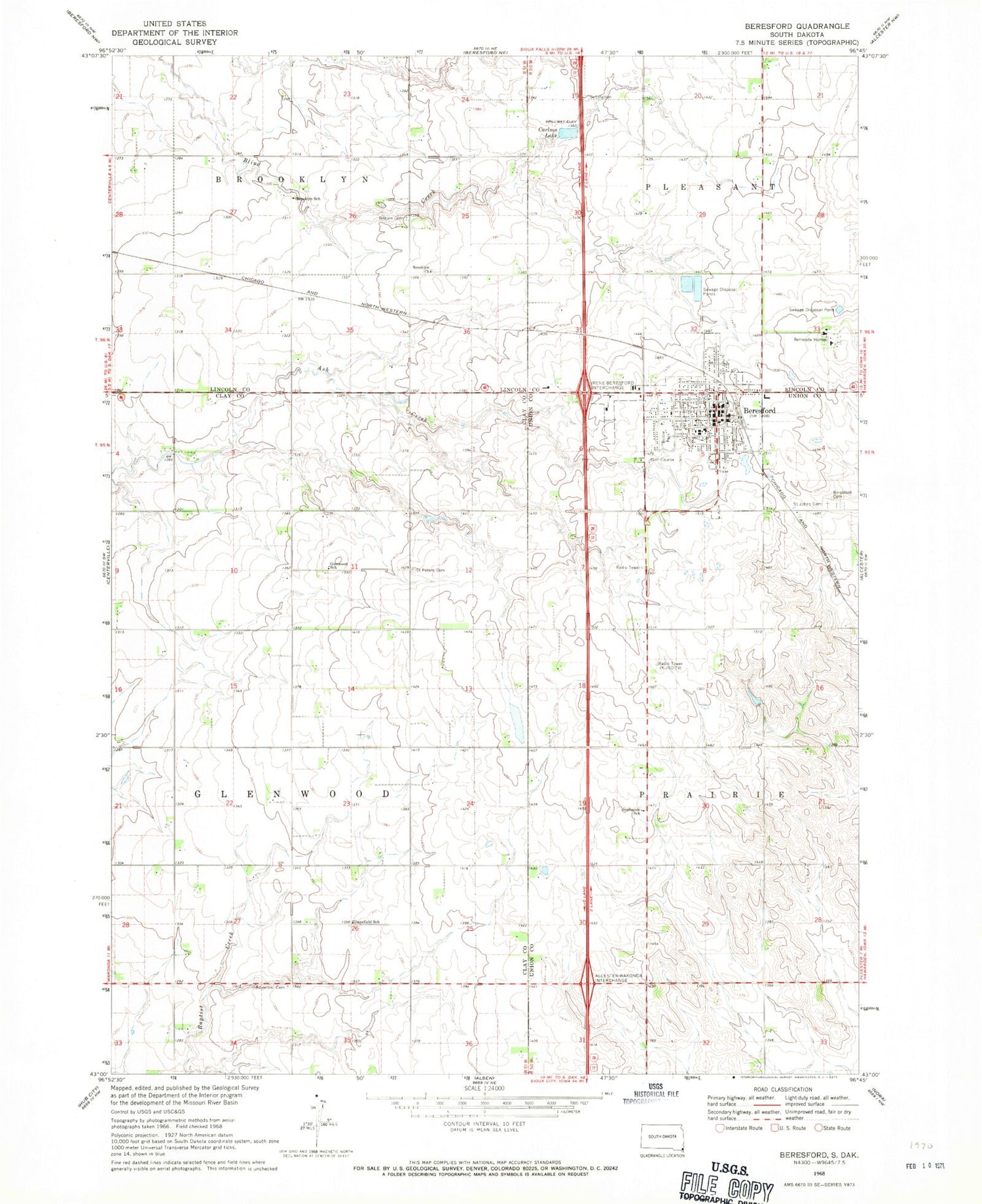Classic USGS Beresford South Dakota 7.5'x7.5' Topo Map Image